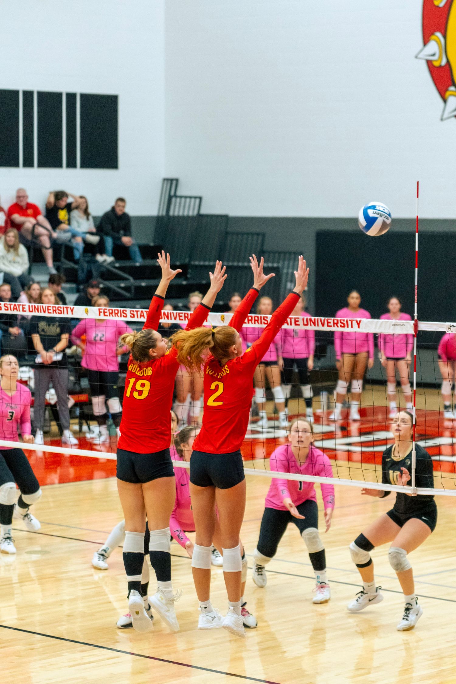 Indoor volleyball players in red and pink uniforms celebrate during a match on a gymnasium court.