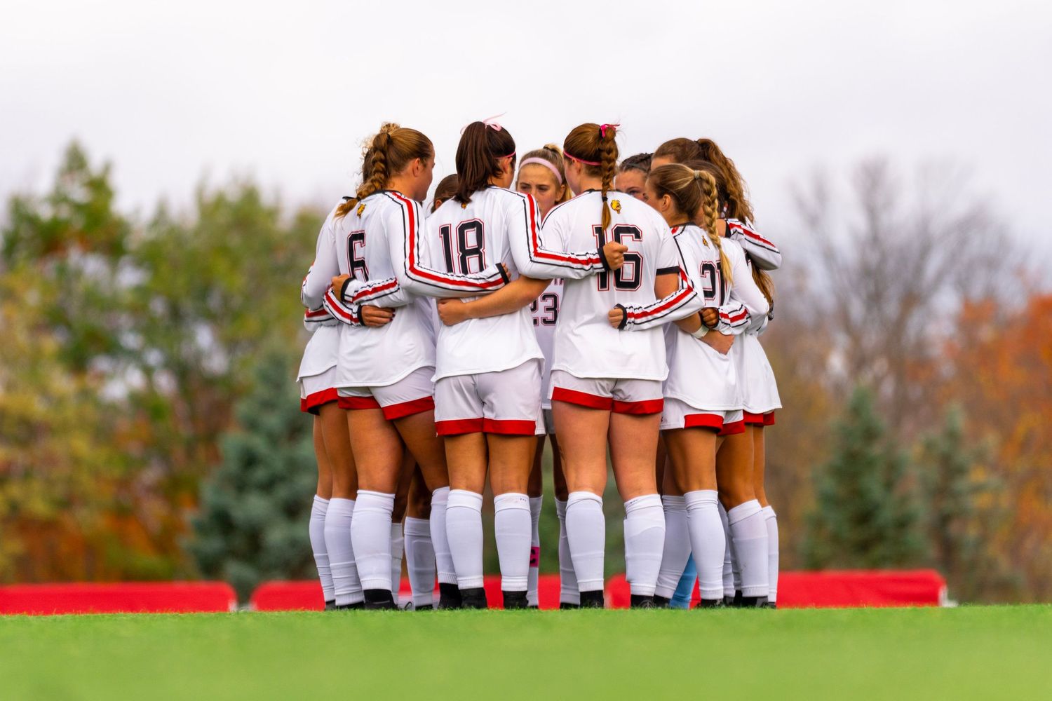Baseball team huddles together on field wearing white uniforms with red accents during autumn season.
