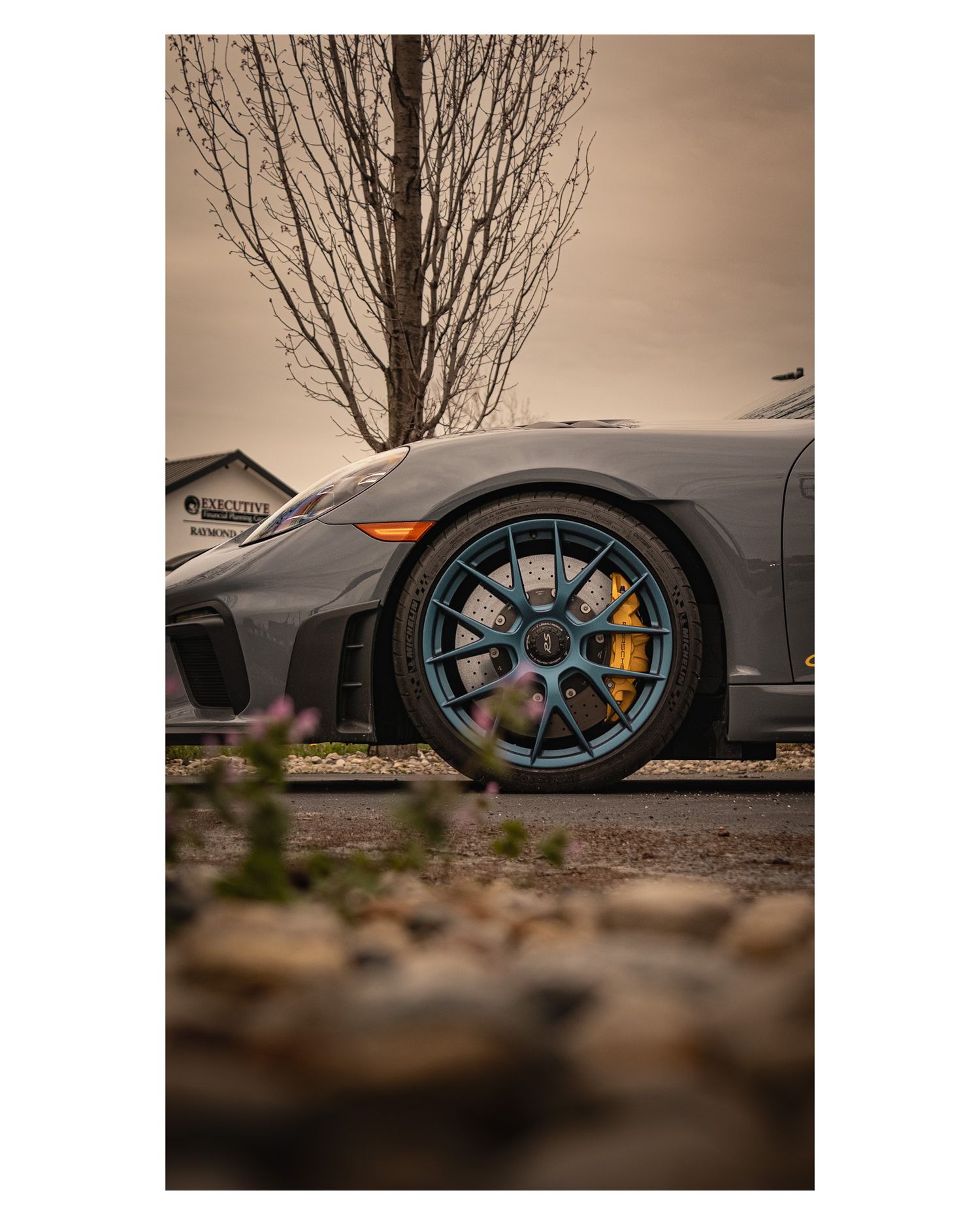 Detailed view of Porsche performance brake system with blue wheels against bare winter tree.