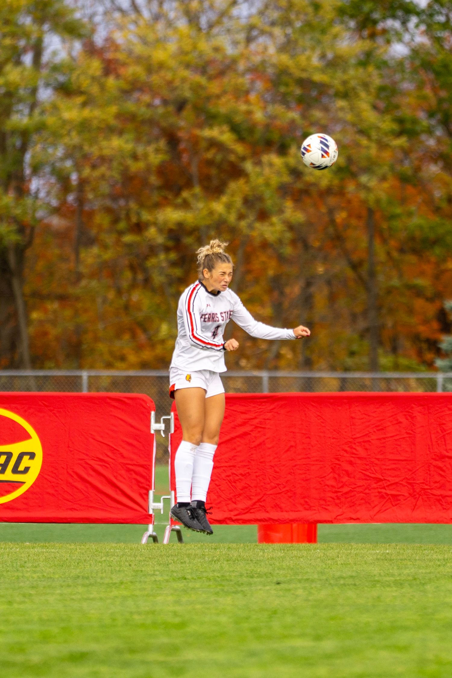 A softball player in a white uniform makes a diving catch against a backdrop of autumn trees and red outfield wall.