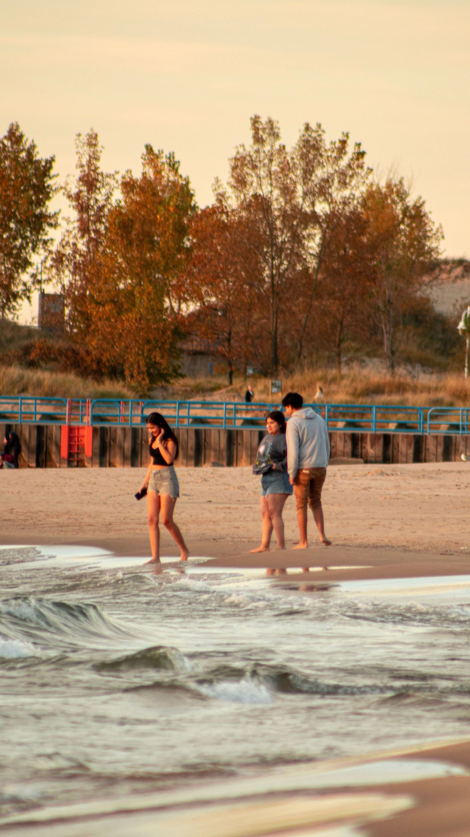 People enjoying a sunset beach walk as gentle waves roll onto the sandy shore with autumn trees in the background.