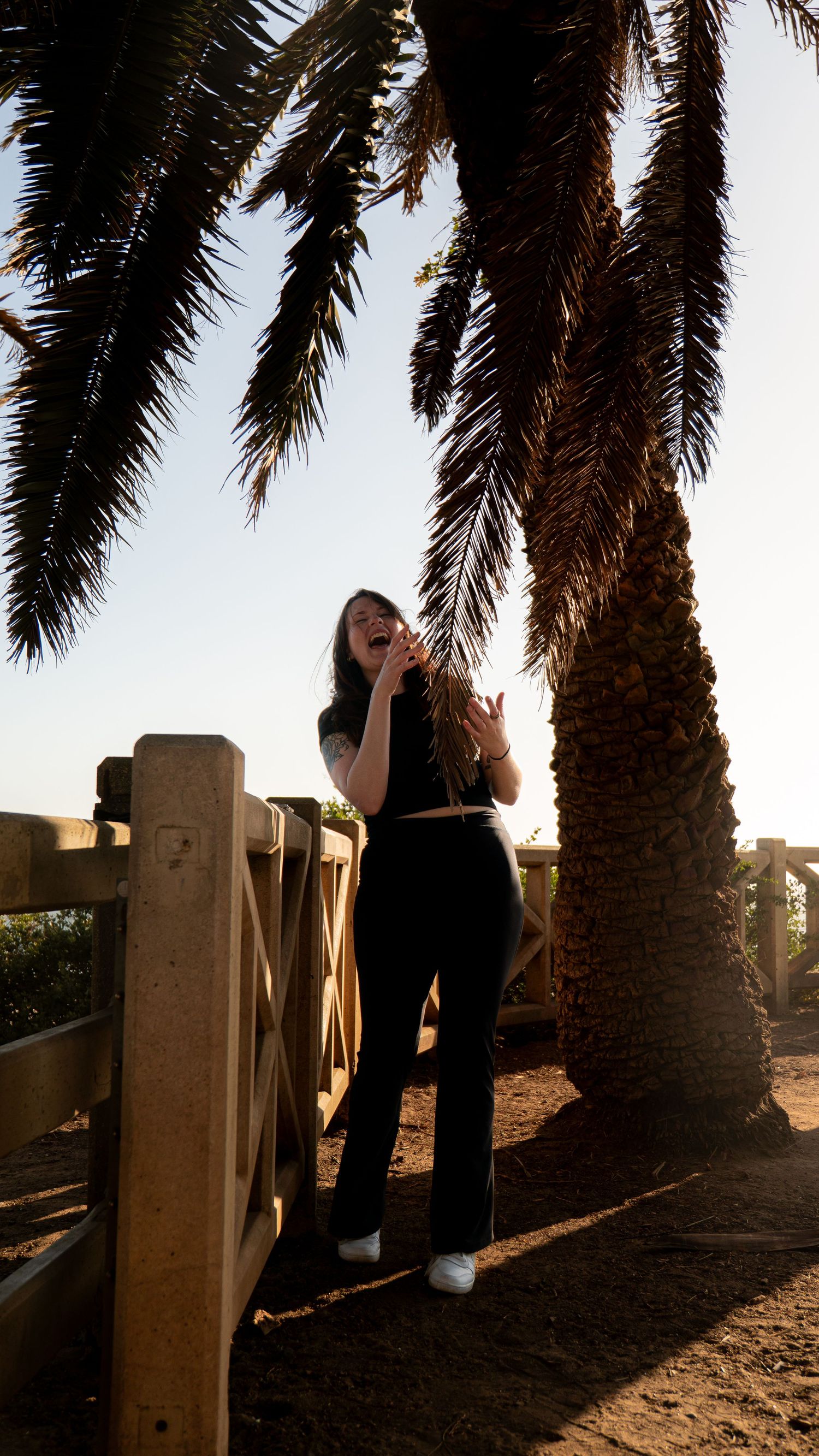 Figure in dark clothing poses beneath palm trees along a scenic overlook at sunset.