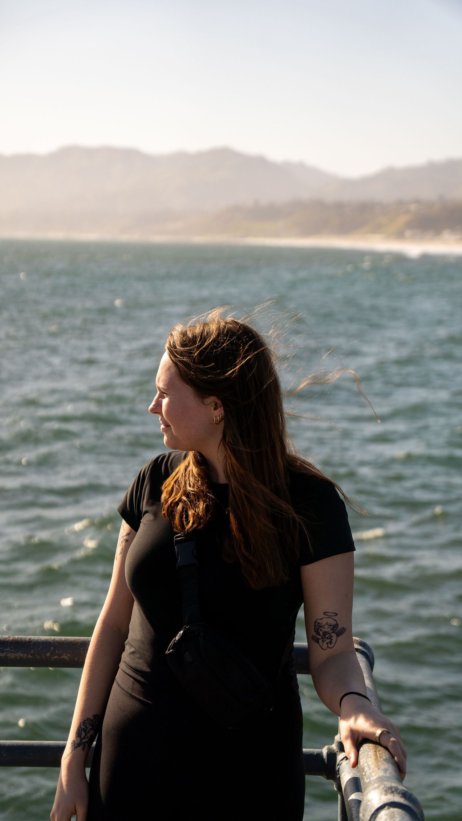 Person in black shirt gazing at mountains across water from boat railing.