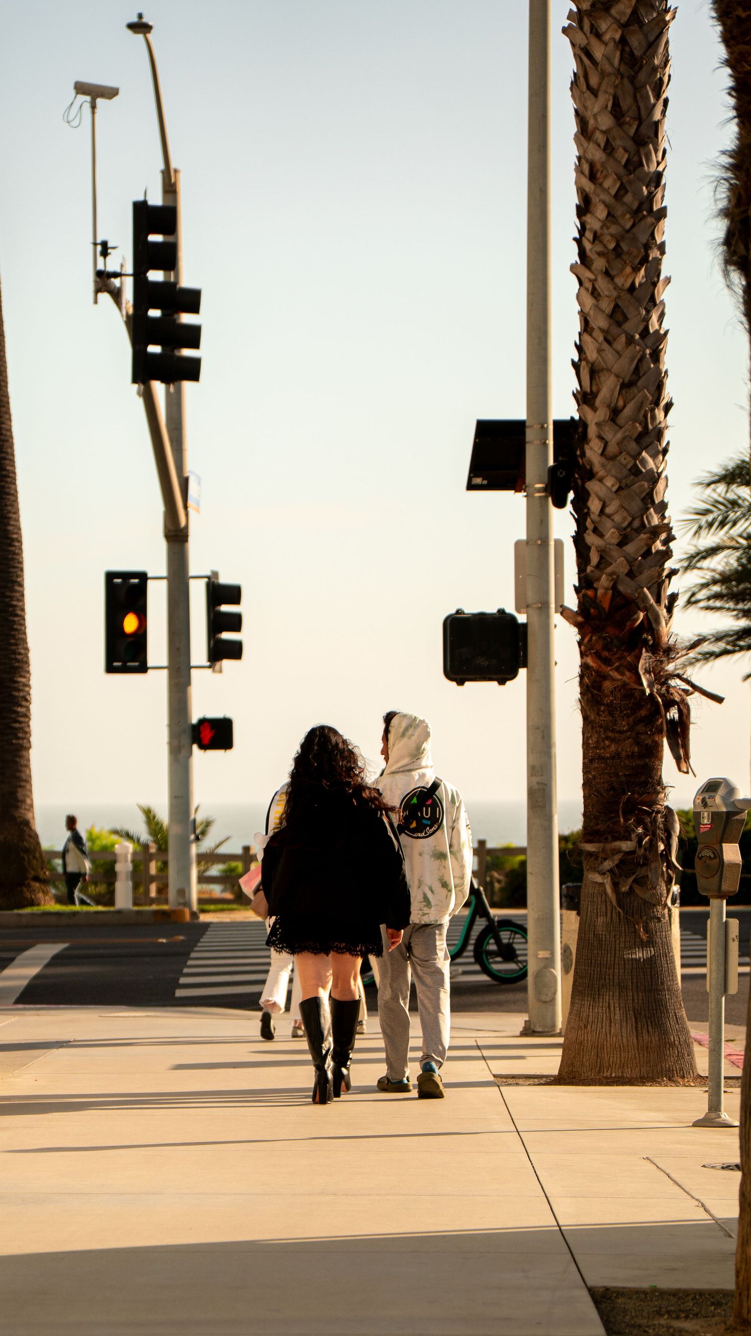 People walking on palm tree lined promenade with traffic signals.