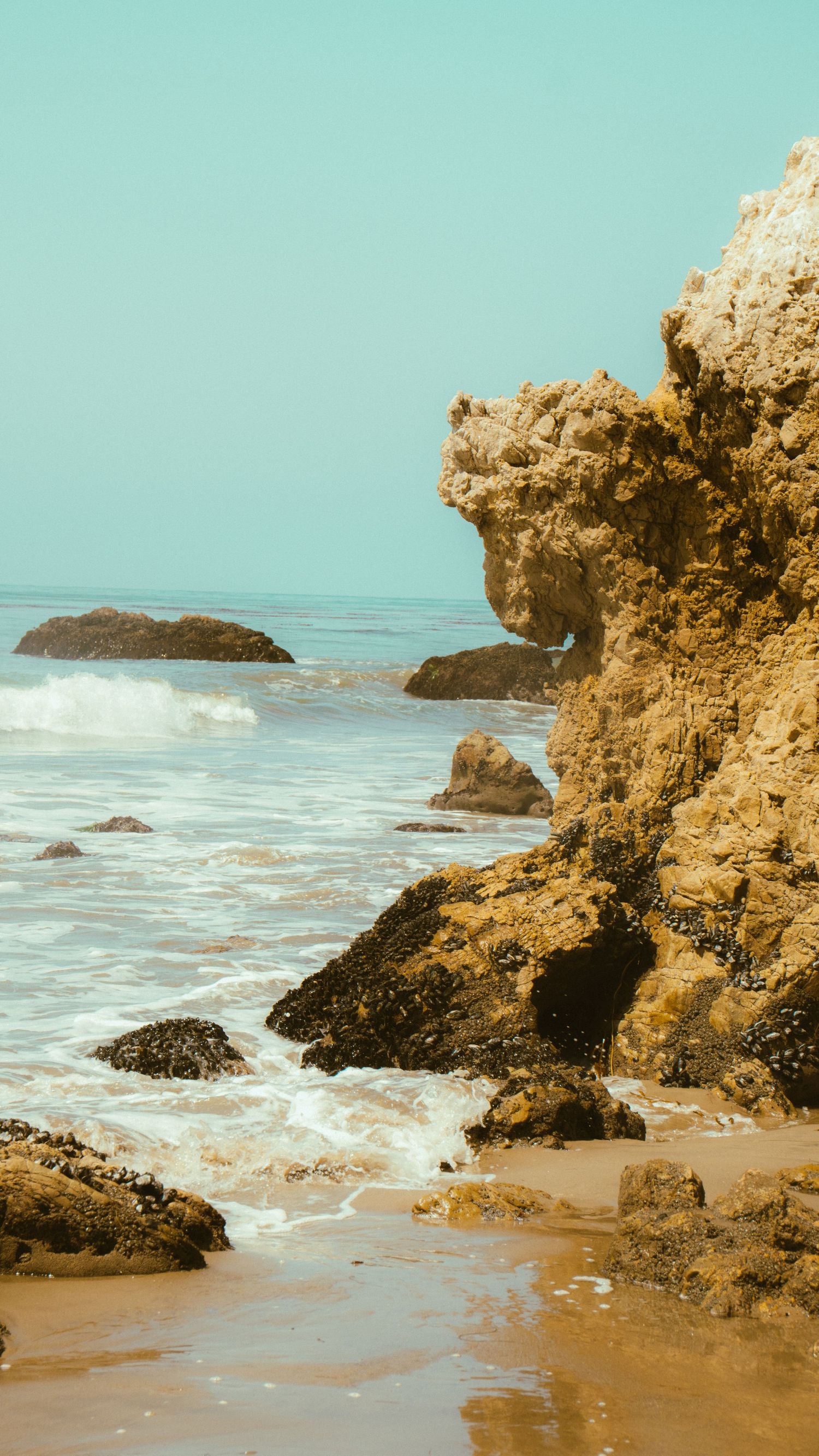 Dramatic rock formations and crashing waves create a rugged coastal landscape.