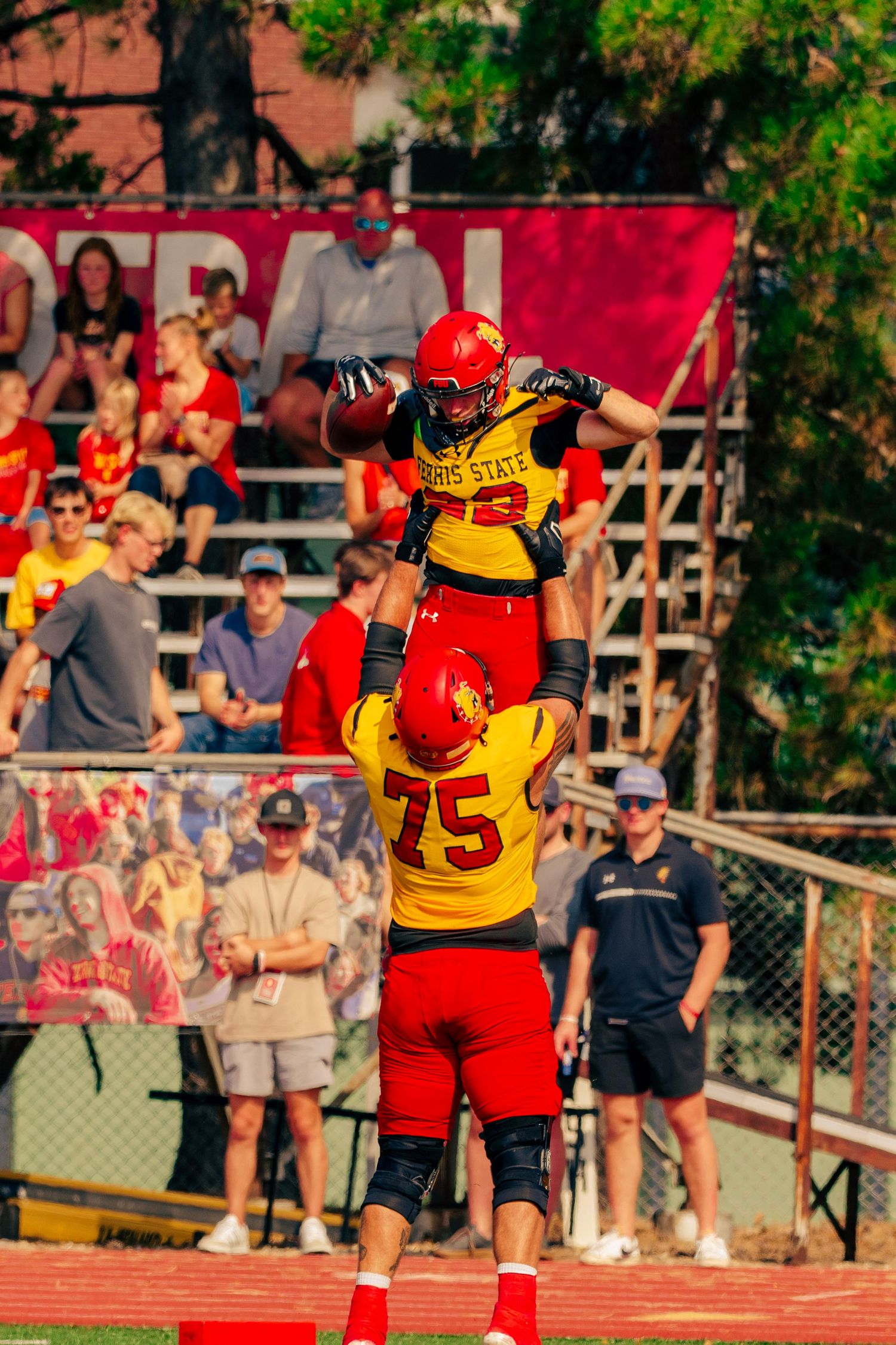 Football players celebrate on the field during a game with spectators watching from the sidelines.