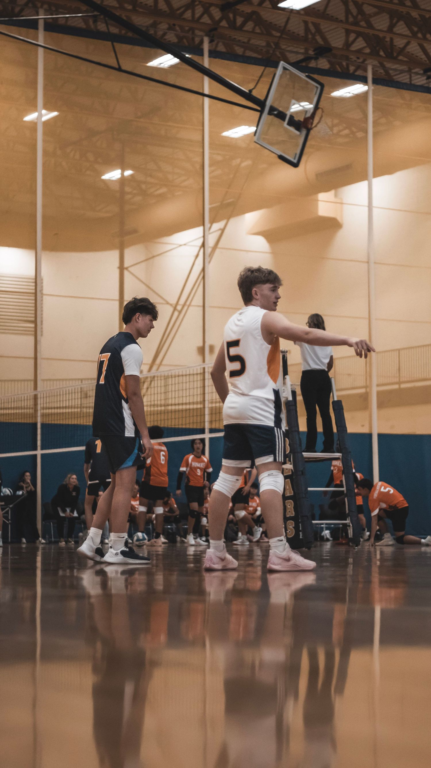 Volleyball players prepare for a play during an indoor match.