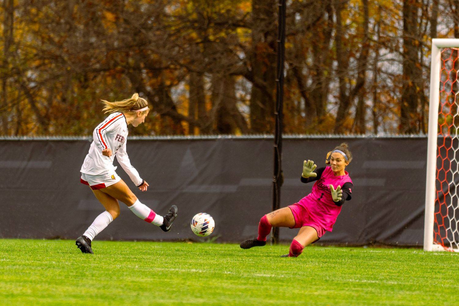 Soccer player in pink diving to make a save as white-uniformed player takes a shot on goal during match.