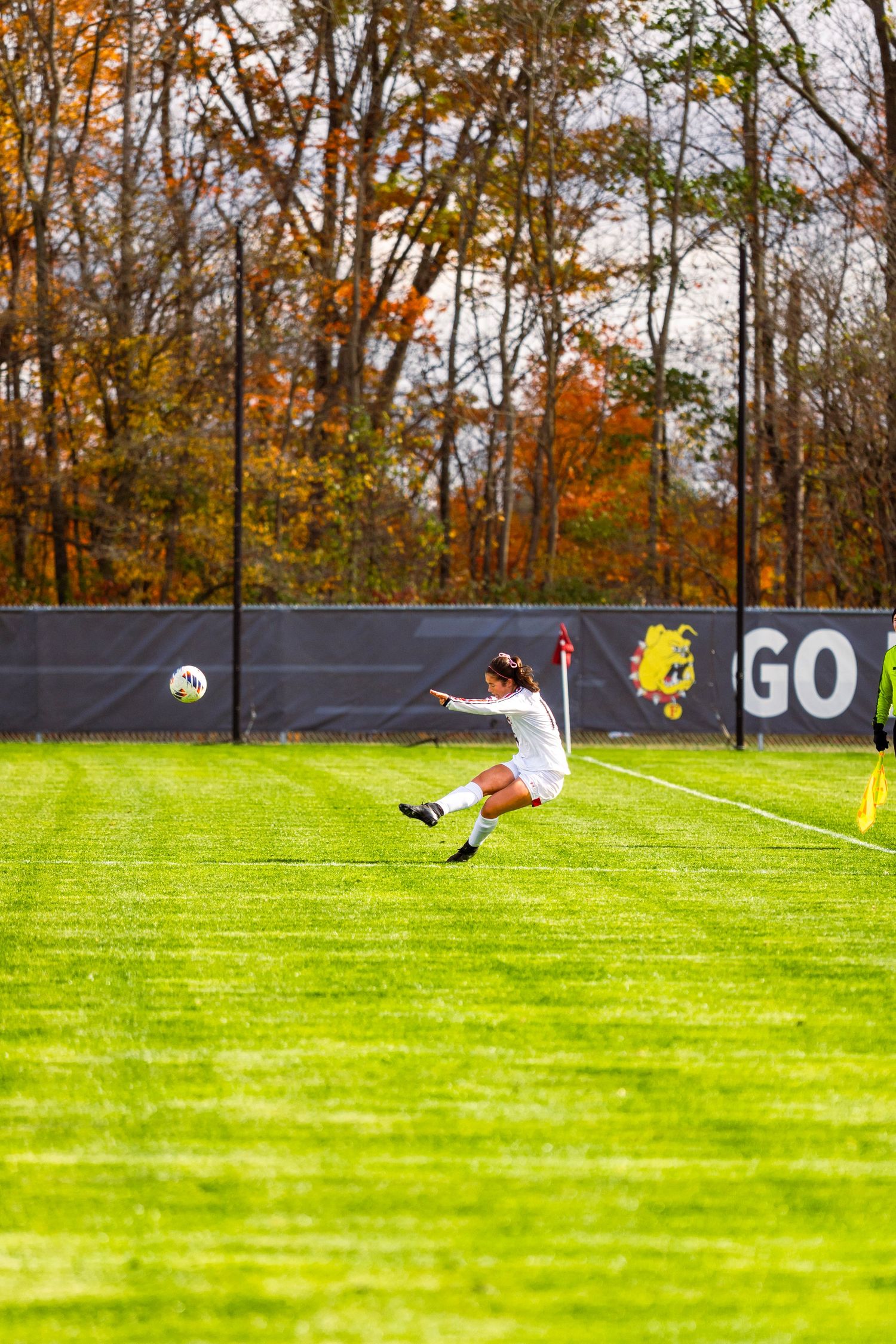 Sequence of diving soccer save attempts shown against autumn trees on a grass field.