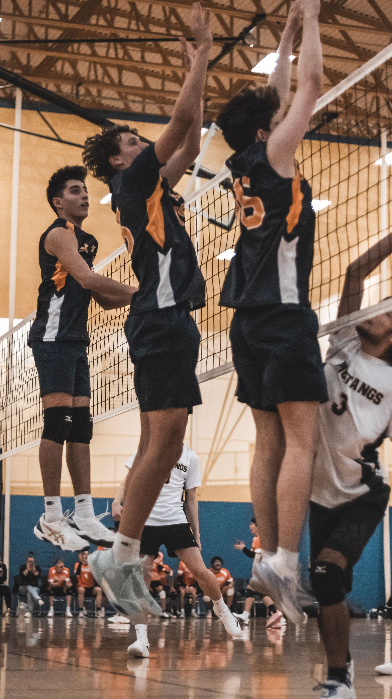 Three players in black uniforms jump to block at the volleyball net.