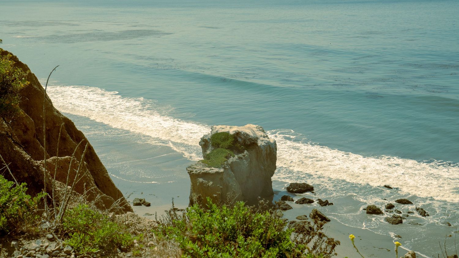 Isolated rock pillar stands in ocean surf near vegetation-covered coastal cliffs.