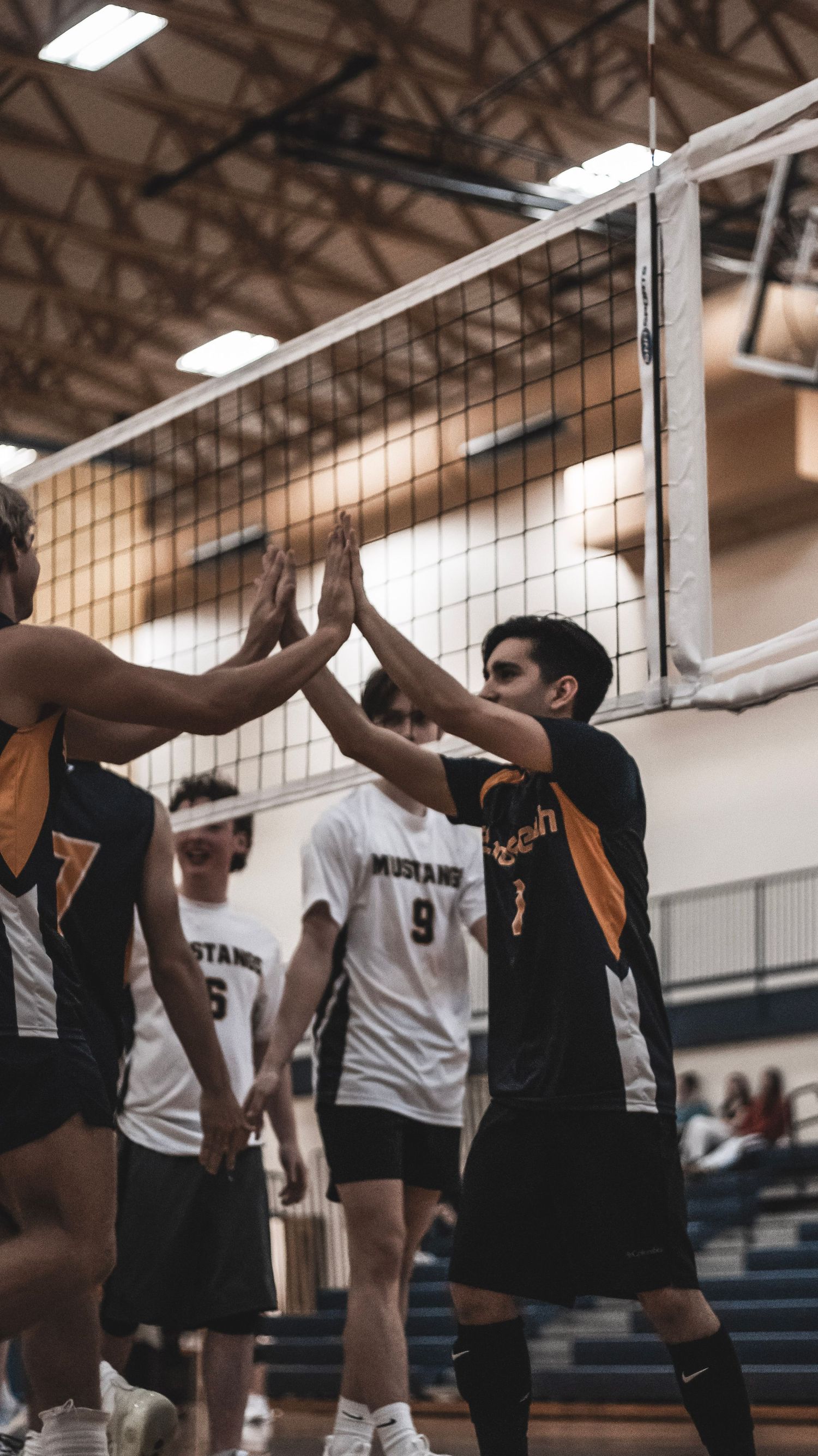 Players from opposing teams meet at the net for a high-five during a volleyball match.