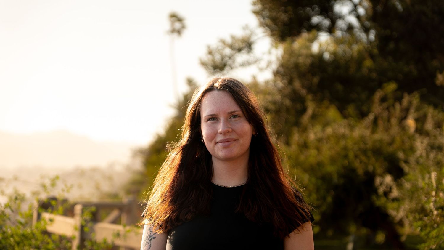 Person poses along wooden fence pathway during golden hour.