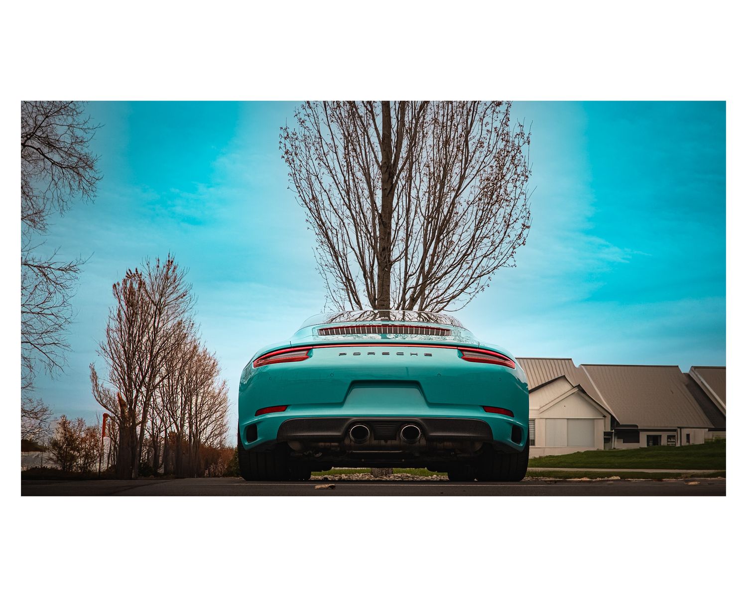 Rear view of a teal Porsche sports car against a bright blue sky with bare winter trees in the background.
