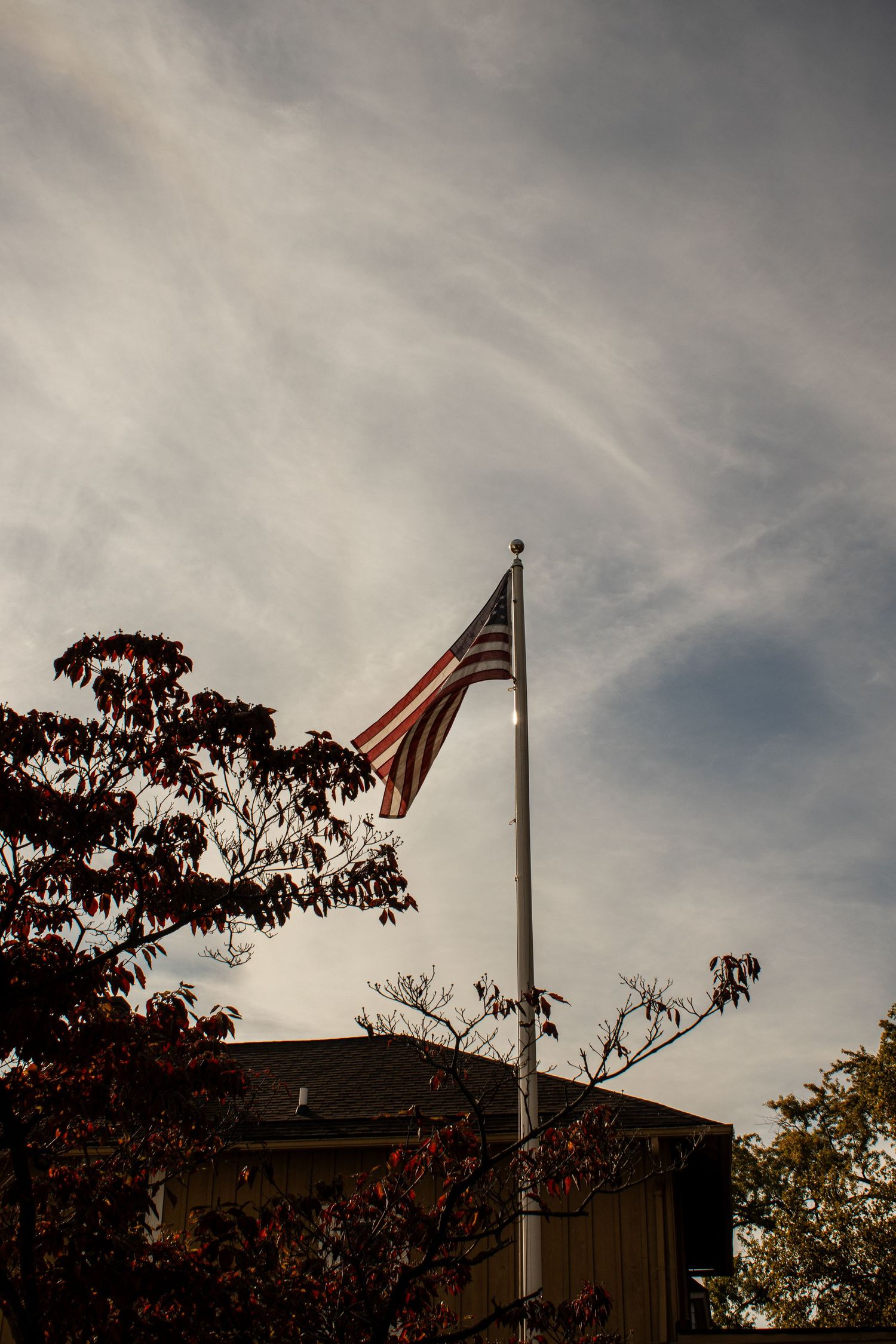 American flag flying against cloudy sky with autumn trees in silhouette.