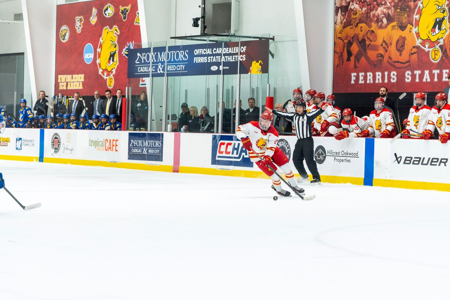 Hockey players compete on an ice rink with colorful advertising banners visible along the arena boards.