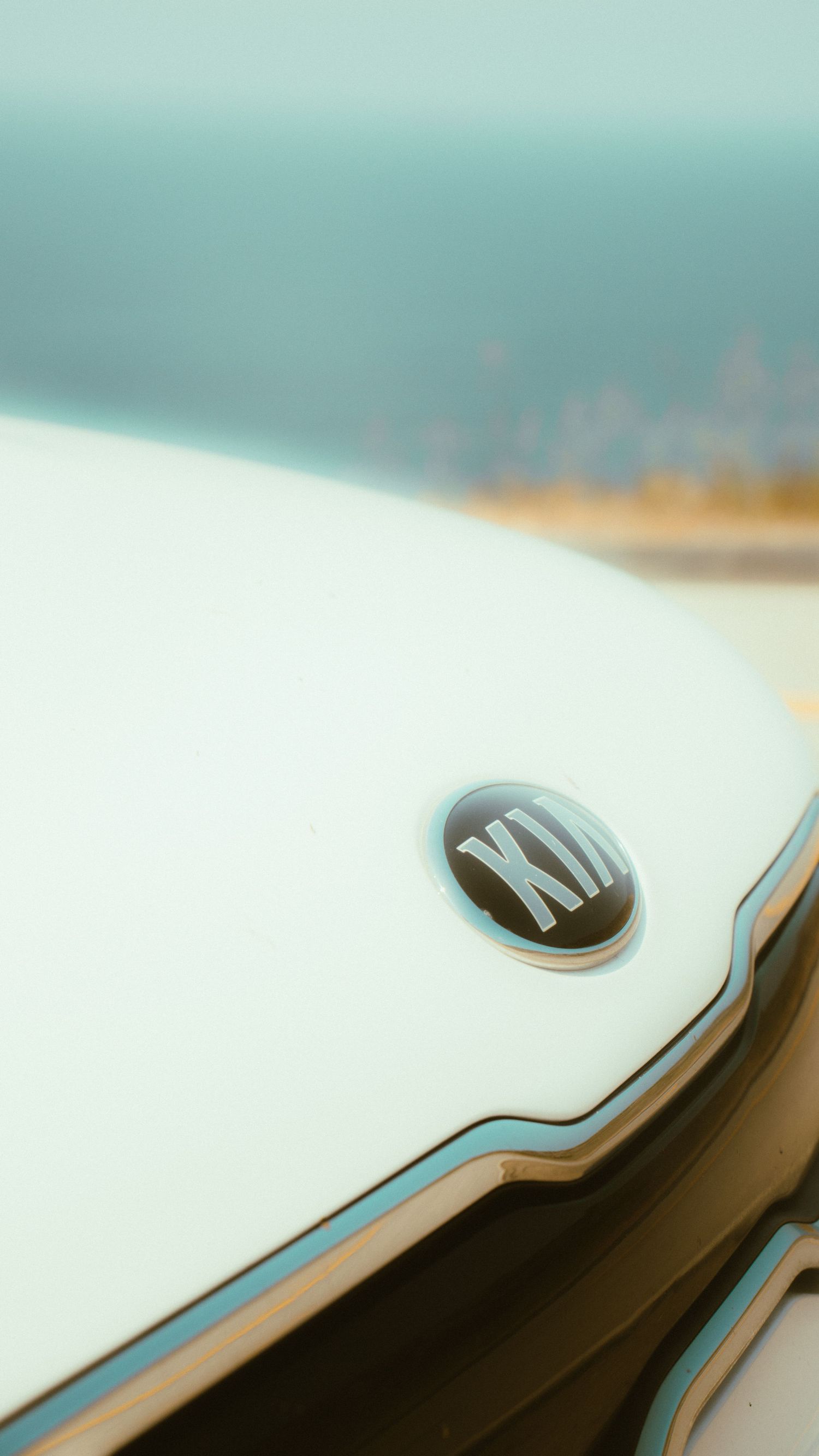 Close-up of a white car emblem with blurred coastal background.