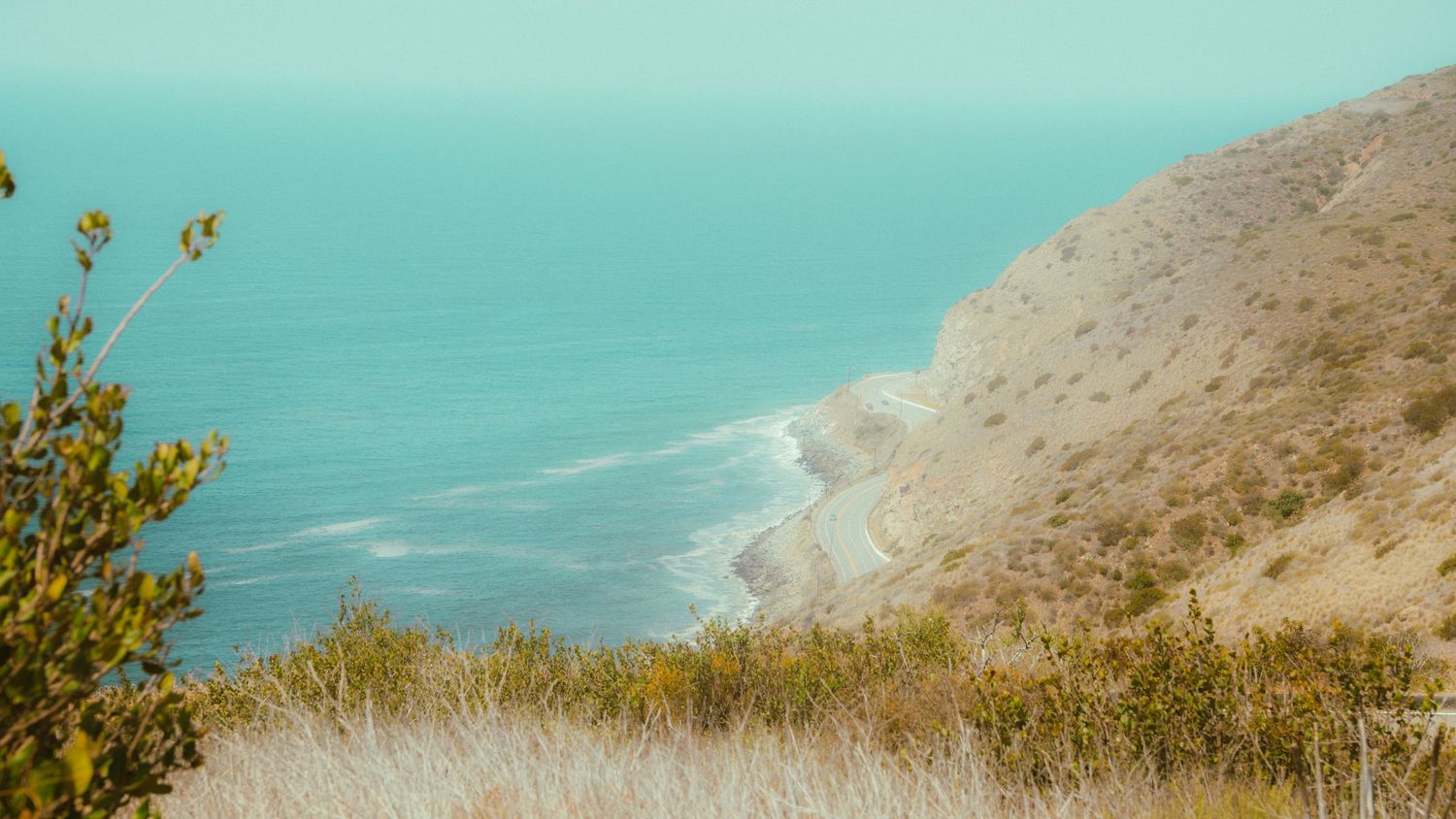 Coastal cliffs and shrubs frame a turquoise ocean view along a winding coastline.