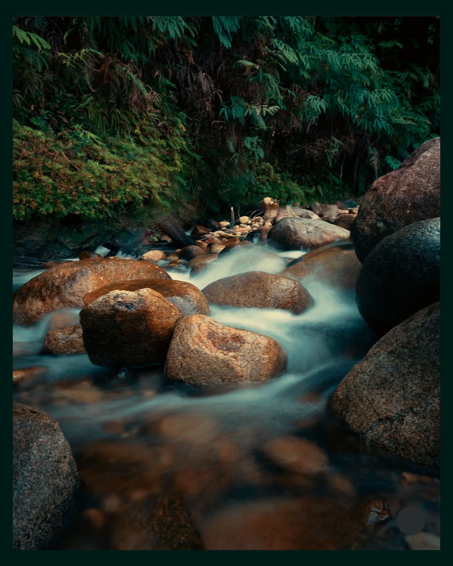 Long exposure photograph of silky smooth water flowing between large rocks in a stream surrounded by lush foliage.