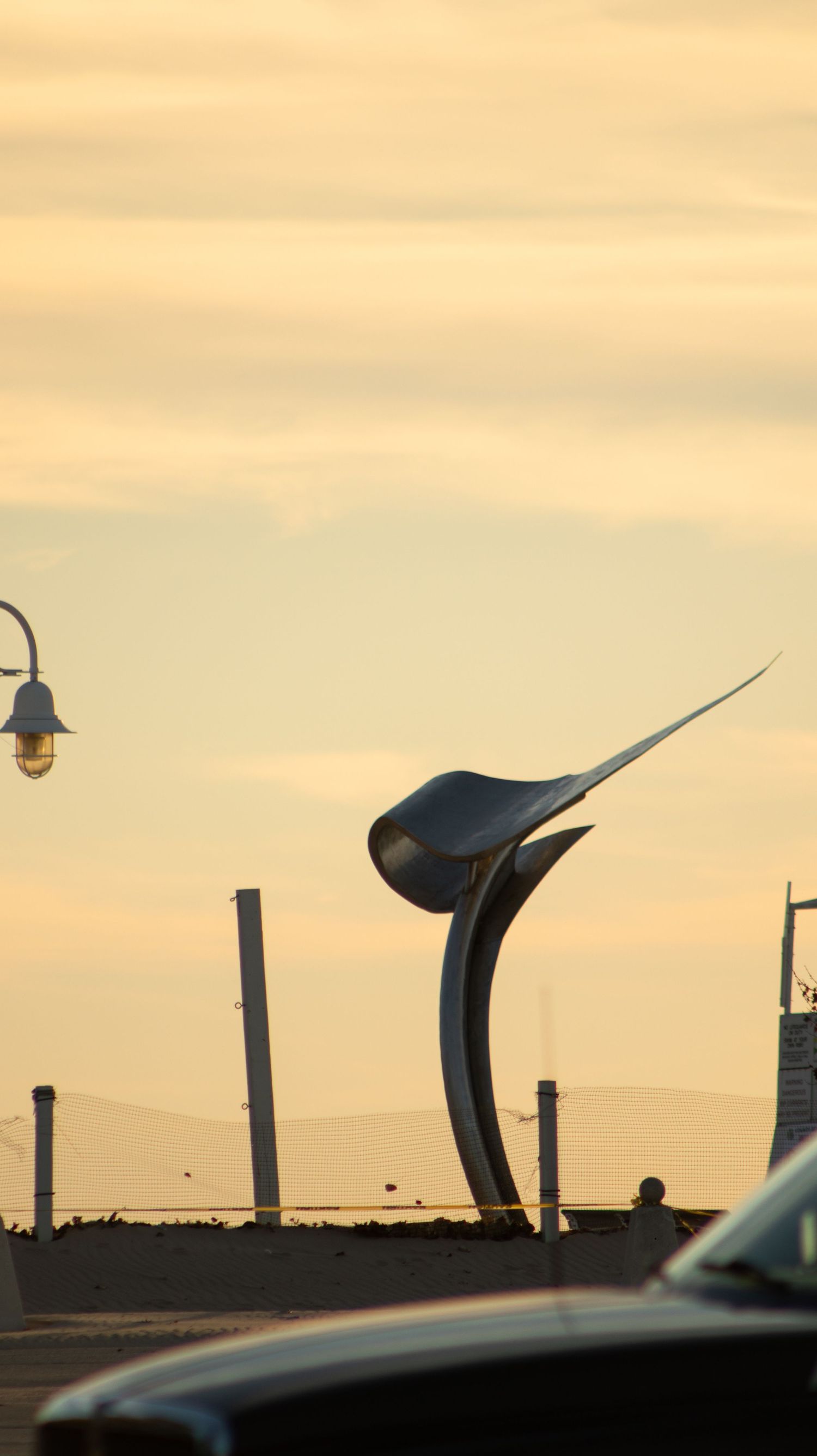 Silhouettes of curved metal sculptures line up against a warm sunset sky.