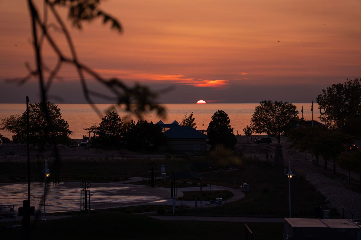 Dramatic sunset silhouettes trees against an orange sky over a parking lot.