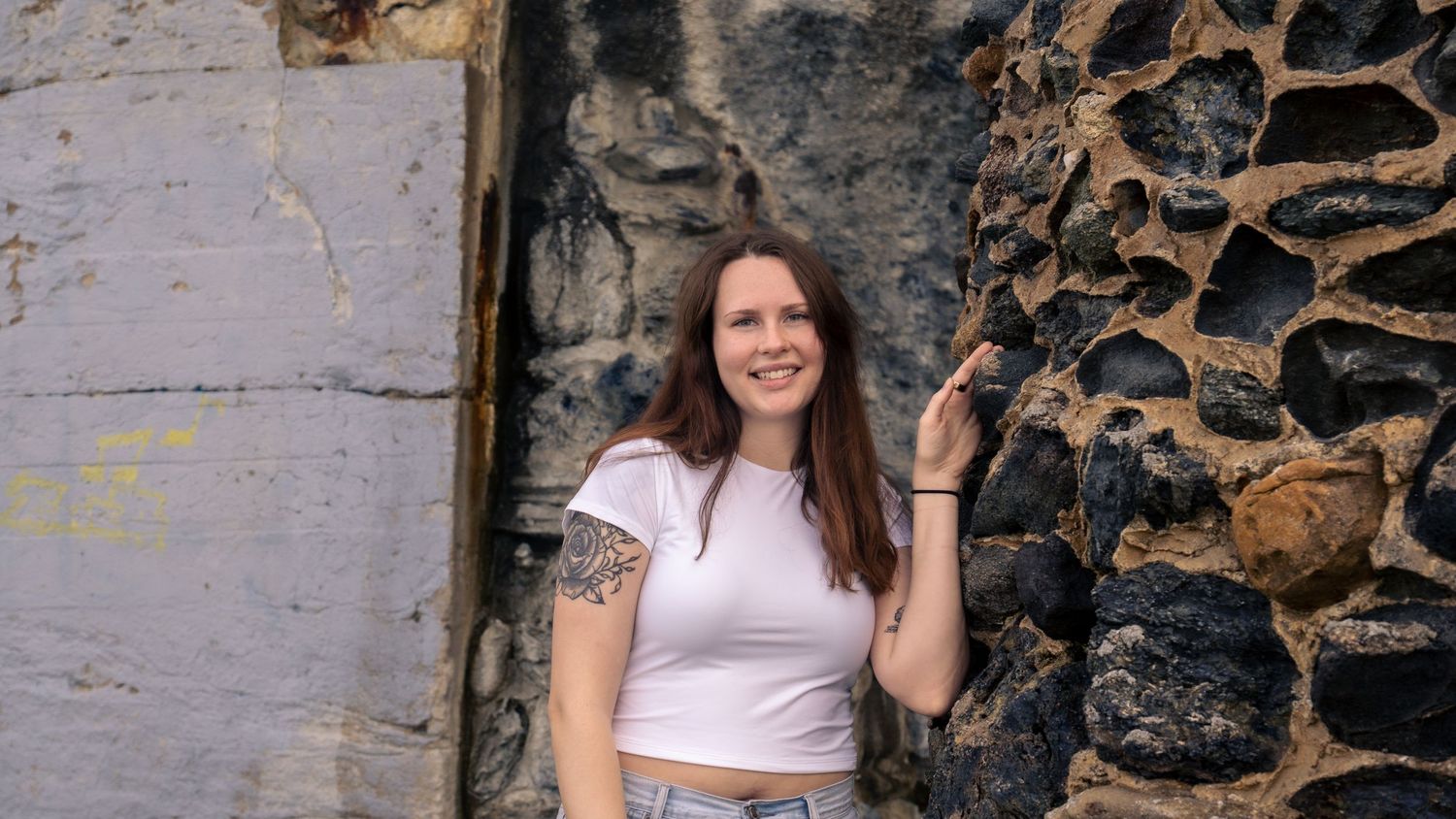 Artistic photo series against rustic stone wall background in natural lighting.
