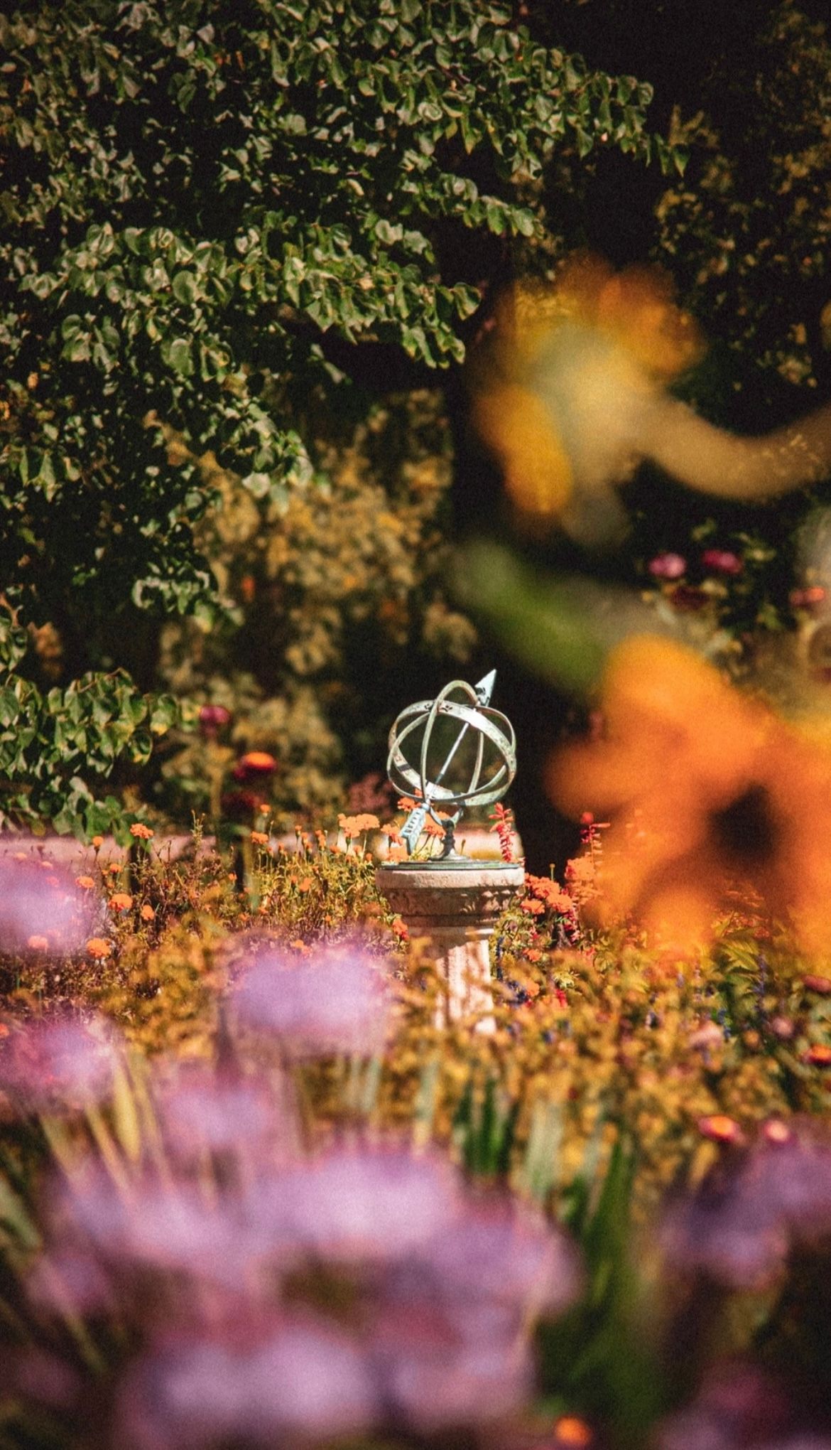 Decorative garden sundial surrounded by purple flowers and autumn foliage in soft focus.