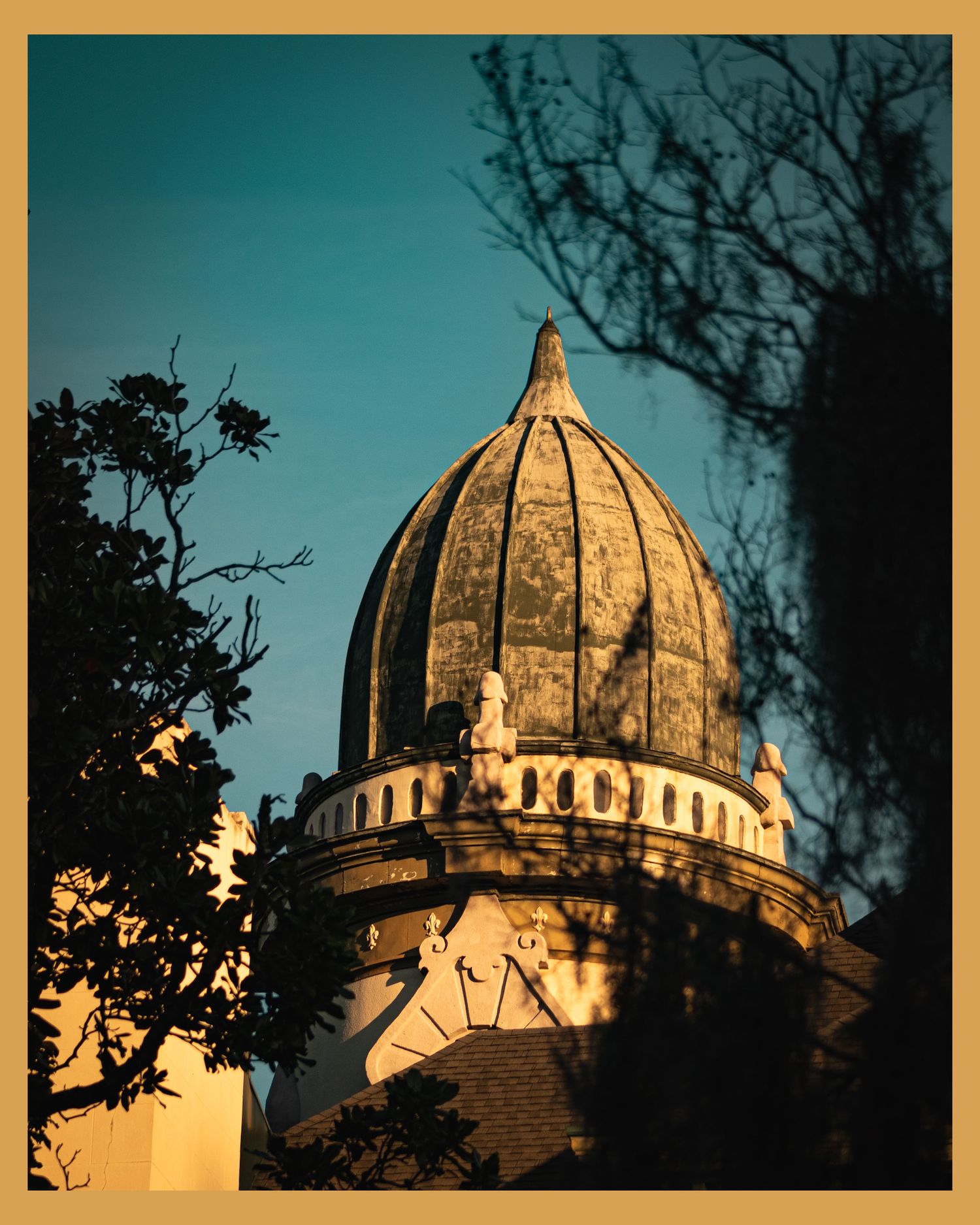 Historic domed building captured at sunset with tree silhouettes framing the architecture.