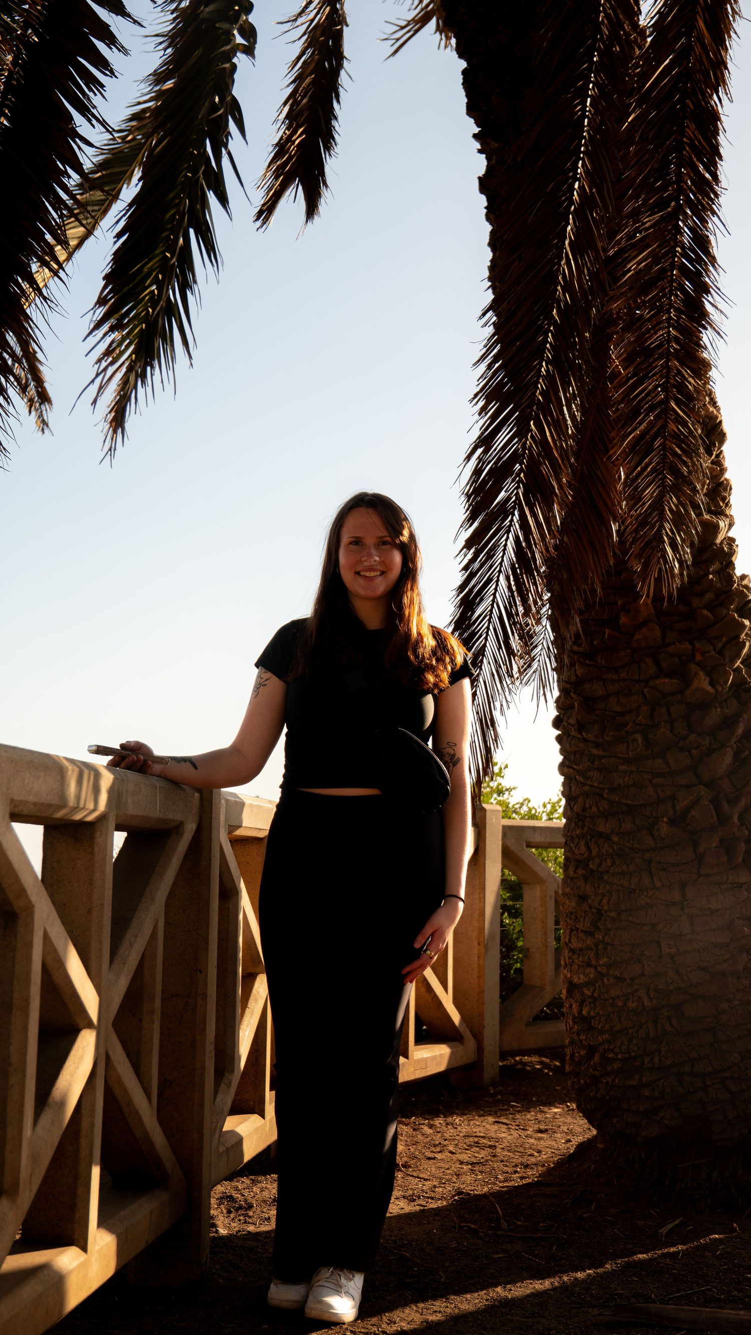Person poses between palm trees along wooden fence during sunset.