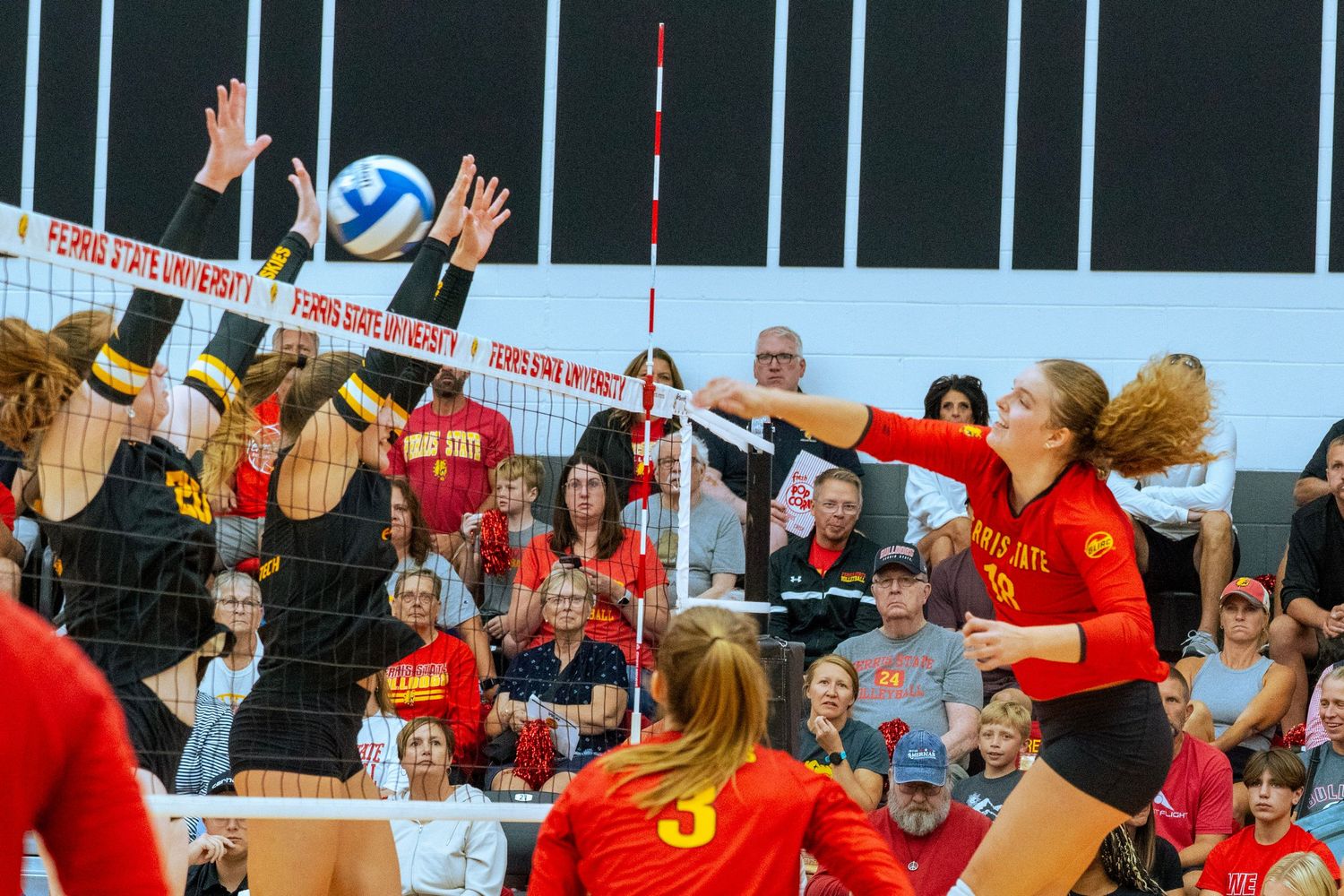 Volleyball players celebrate on the court with raised arms and jumping motions during an exciting match moment.