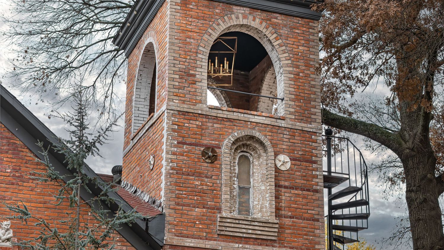 Photo of the church tower conversion for Brickhaven Inn, short-term rental AirBnB in Eudora Kansas. Produced by Derek Mecca.