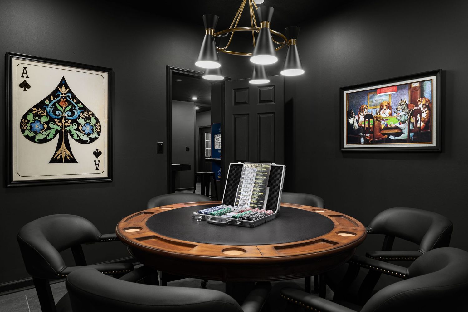 Custom poker room with black aesthetic for Brickhaven Inn Short-Term Rental AirBnB in Eudora KS. Photo by Derek Mecca Photography.