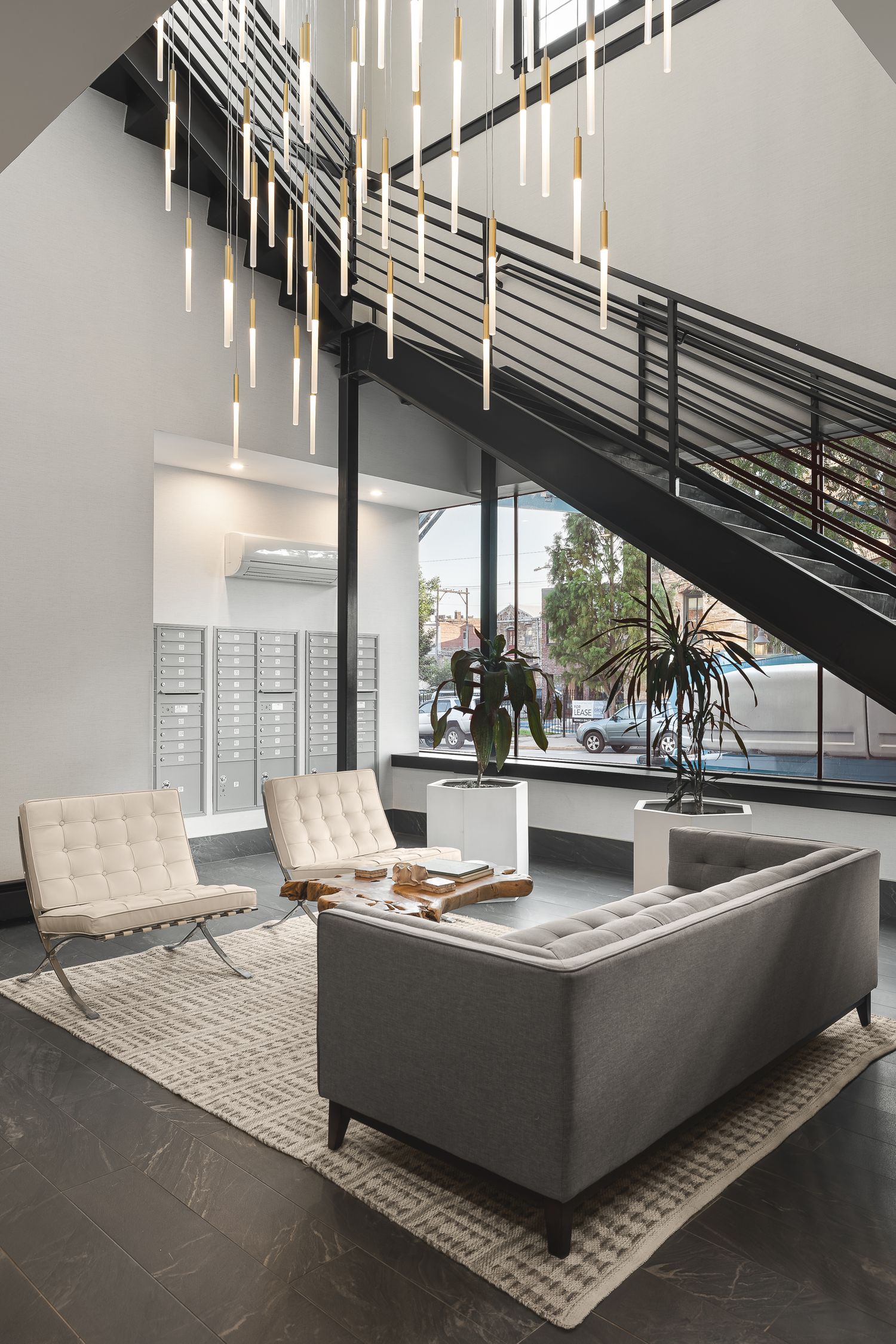 Lobby in the 800 Lofts in Lawrence Kansas. Photo produced by Derek Mecca Photography - AirBnB, Short-Term Rental and luxury real estate.