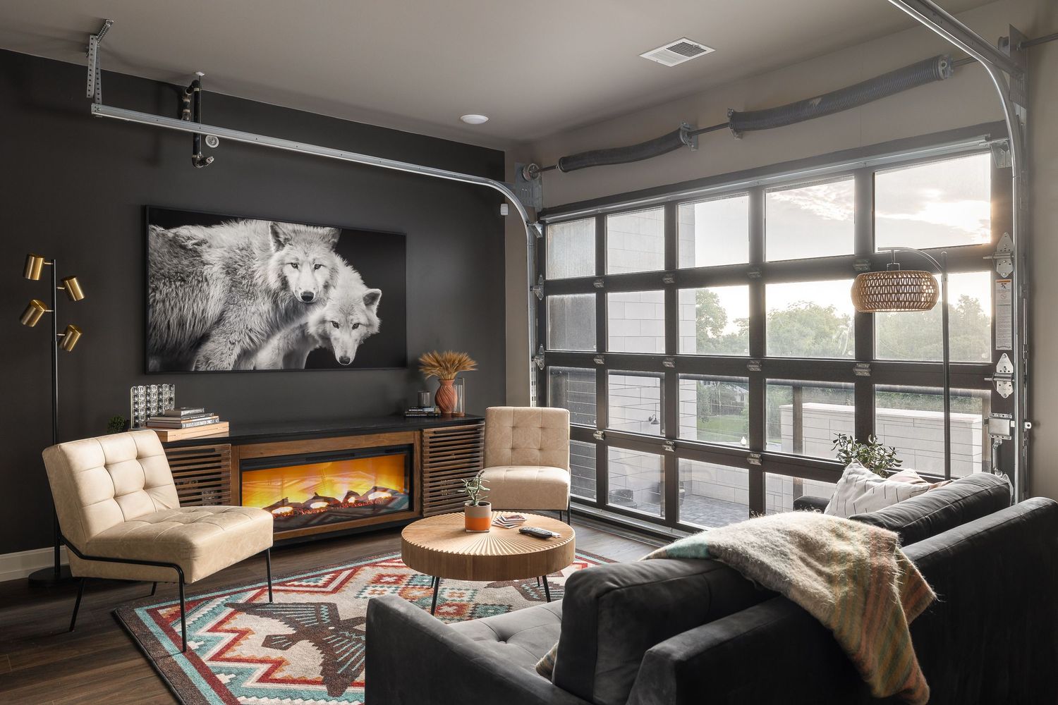 Livingroom in 800 Lofts in Lawrence Kansas. Photo produced by Derek Mecca Photography - AirBnB, Short-Term Rental and luxury real estate.