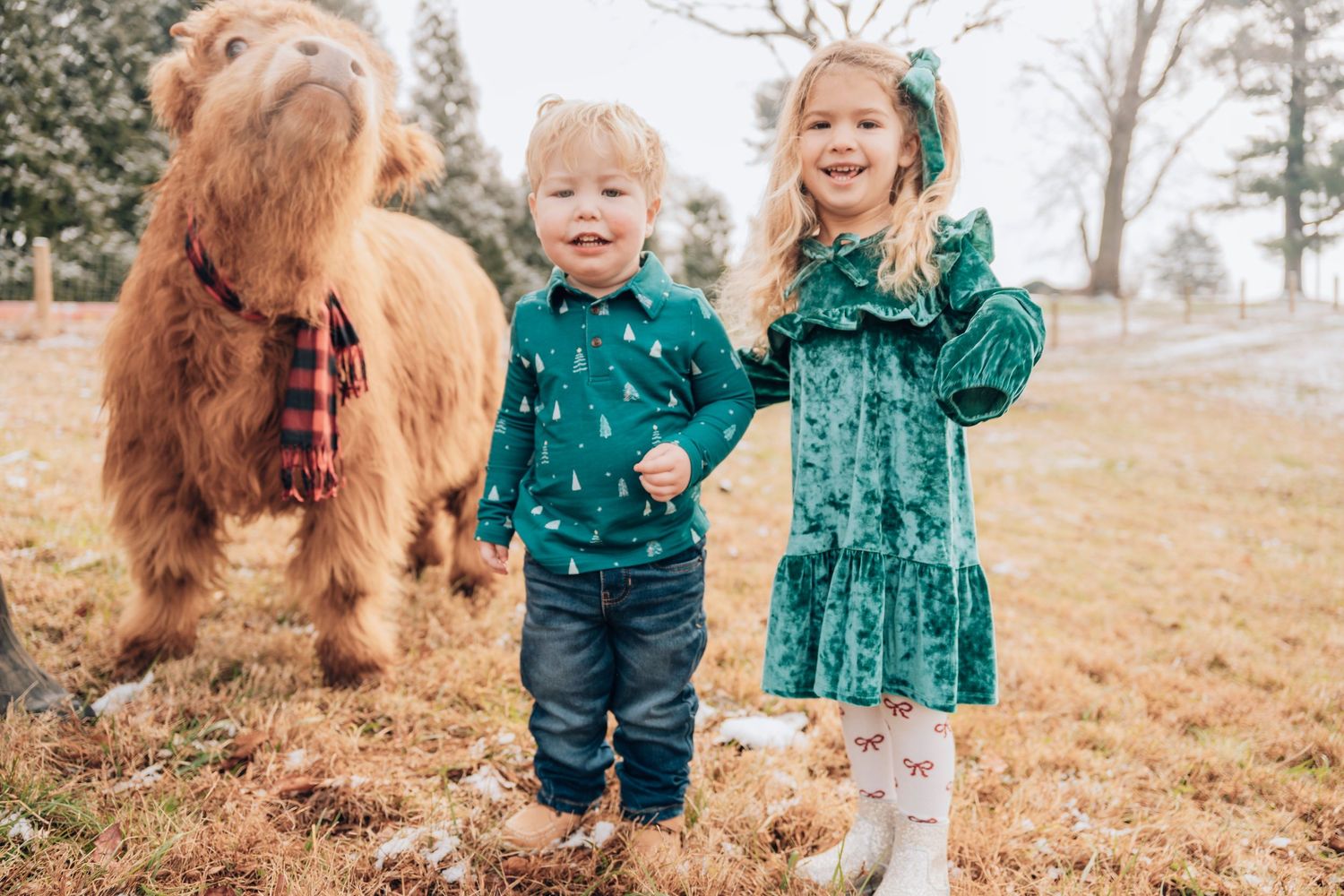 Two children in matching green outfits play outdoors with a large brown dog on an autumn day.