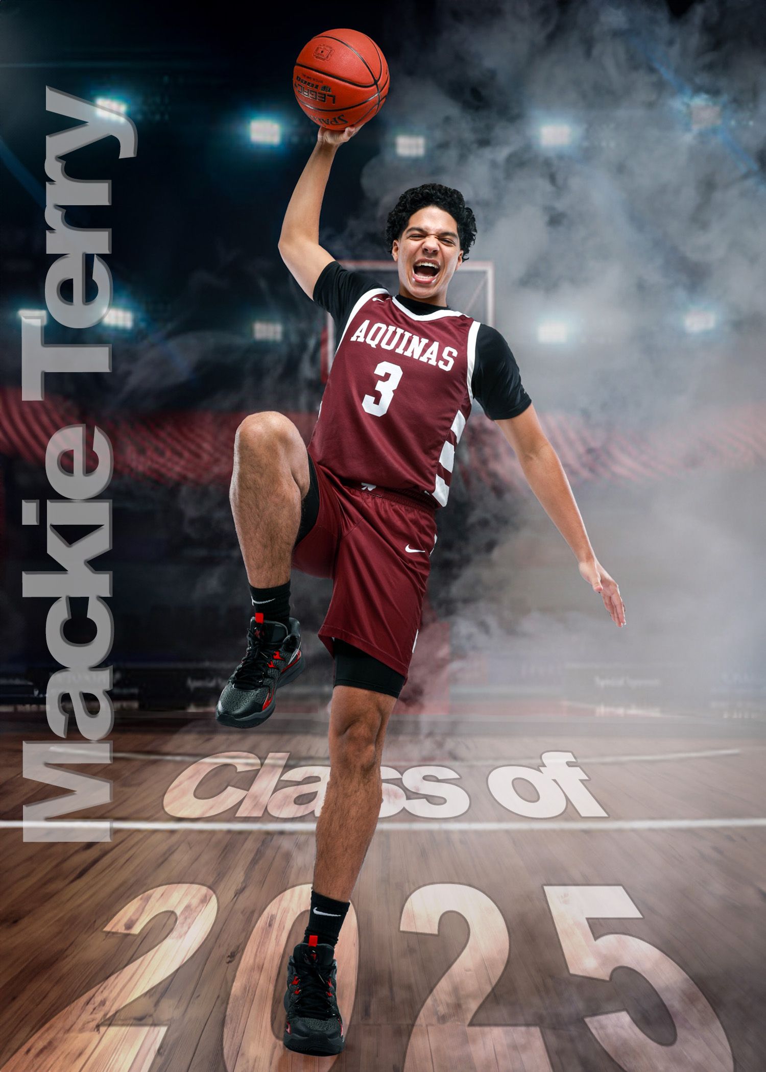 Basketball player in maroon jersey jumps with ball against smoky background with Class of 2025 text.