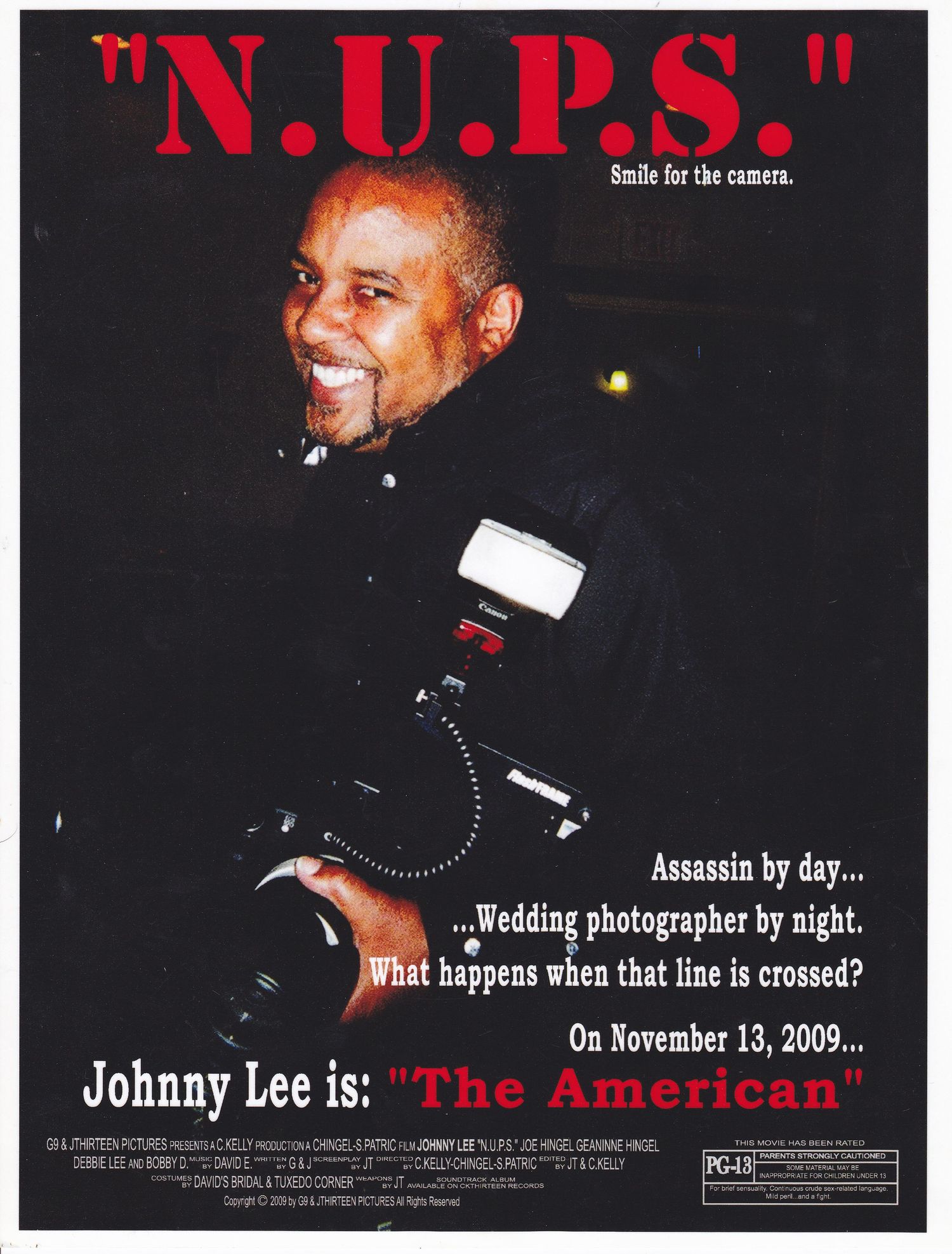 A set of black-and-red movie poster style images with text about a character named Johnny Lee labeled 'The American'.