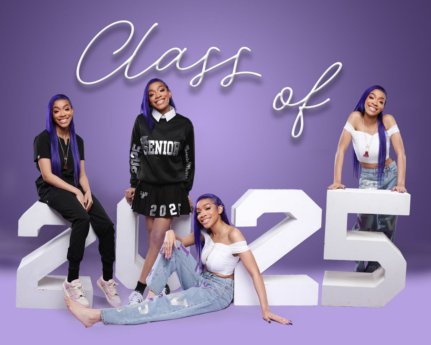 Class of 2025 graduation photo series with purple background and stylish poses.