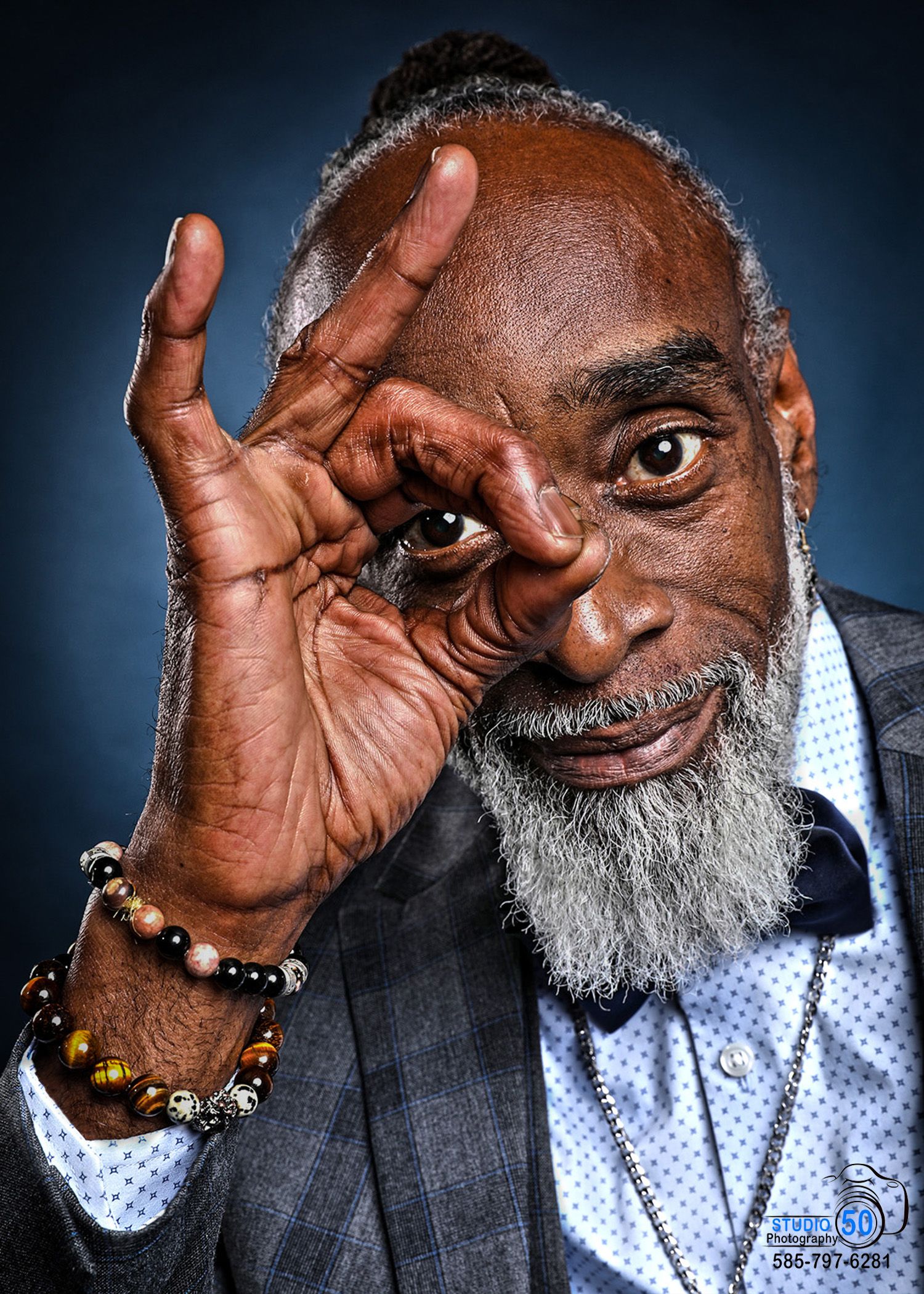 Series of expressive portrait shots against a dark blue background showing gestures and emotion.