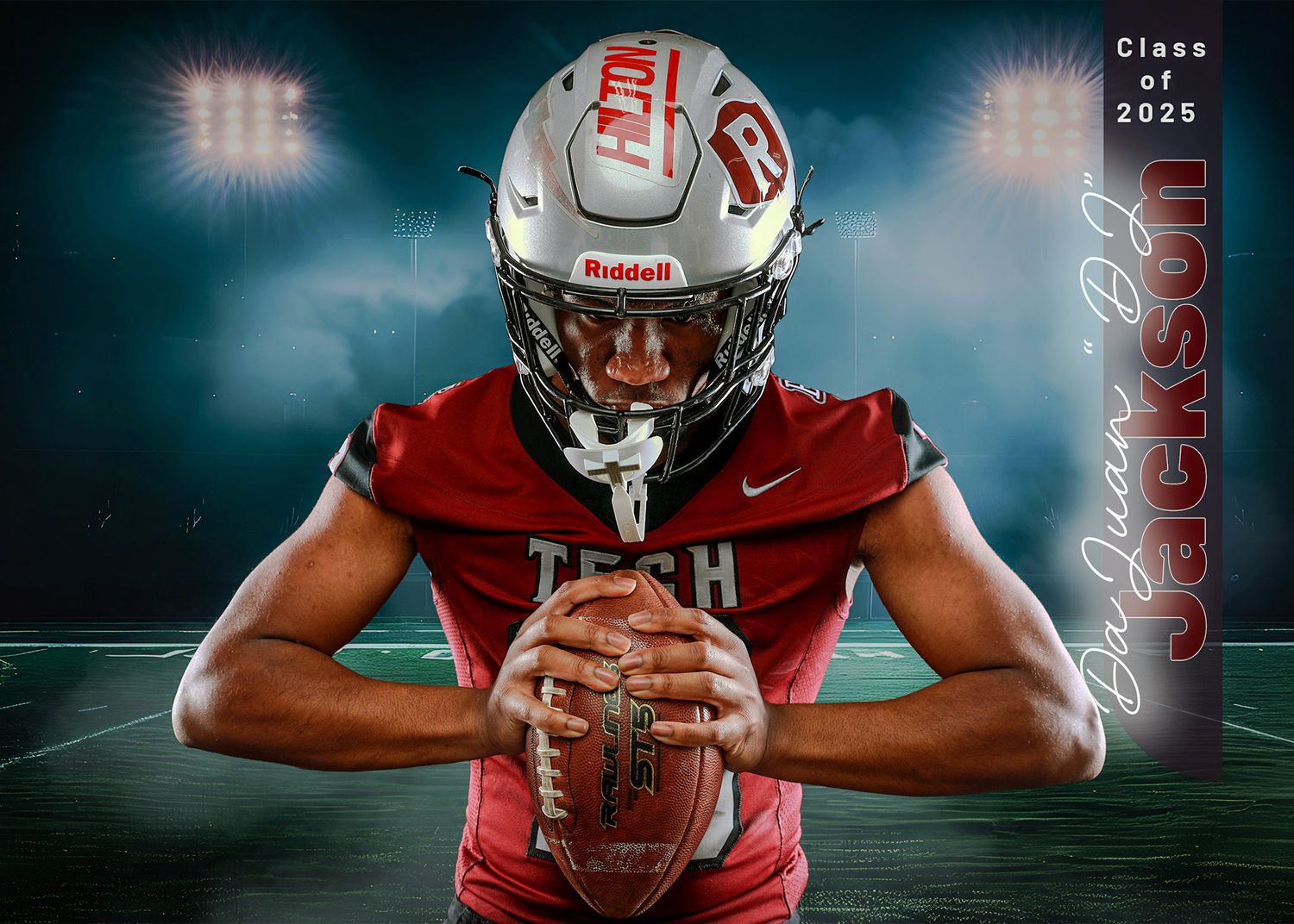 Football player in red jersey holds ball in a professional studio photo with blue-green lighting effects in background.