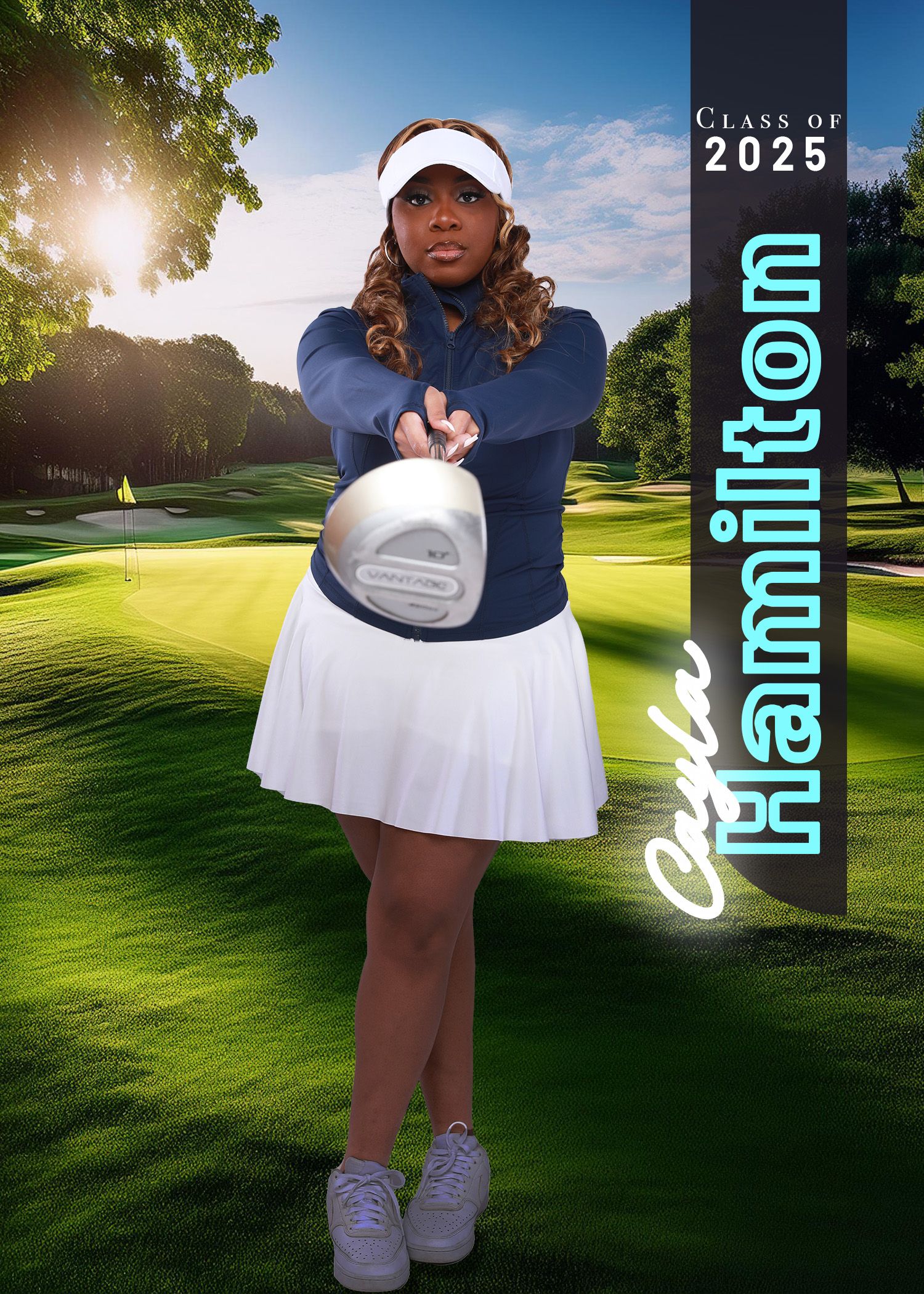 Golfer poses with club on sunny golf course with Class of 2025 text overlay.