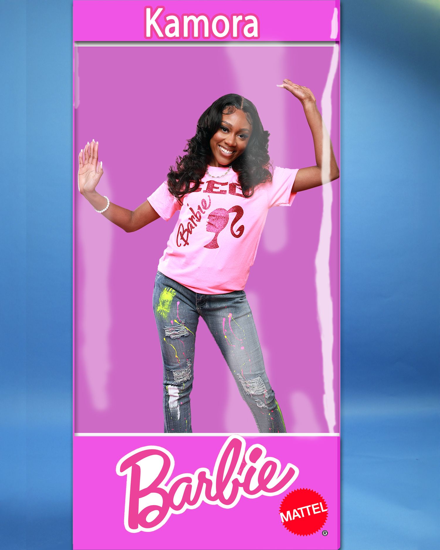 Barbie-themed senior photo shoot with pink backdrop and casual denim style.