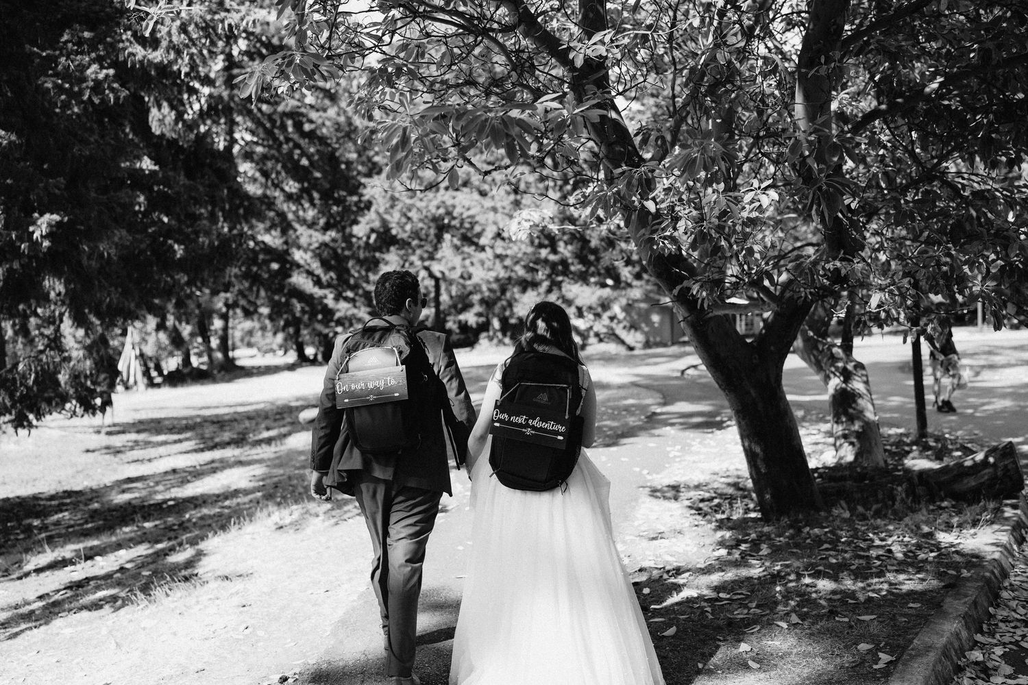Silhouette of wedding couple walking through tree-lined path in black and white.