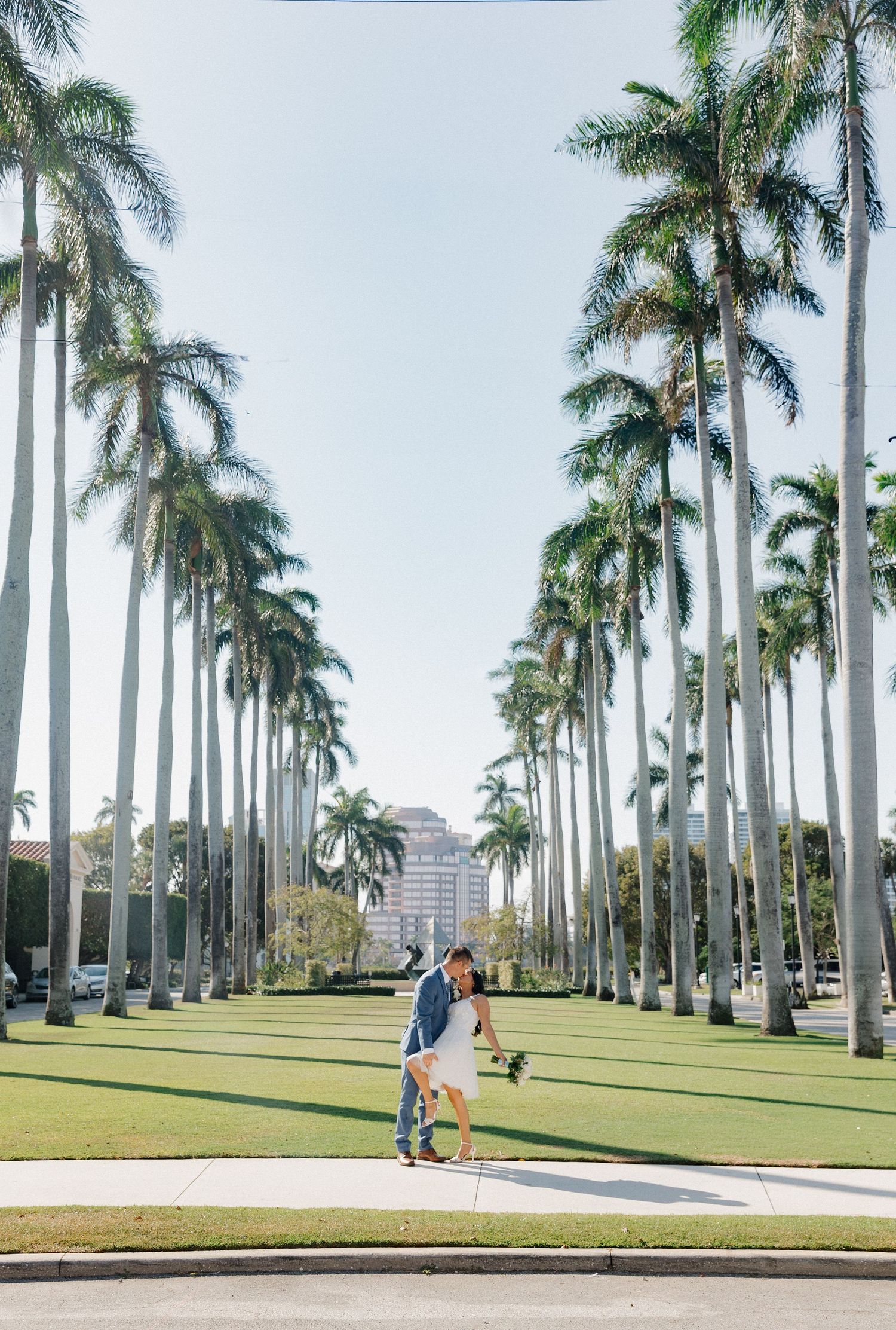A palm tree-lined walkway at the University of Hawaii with someone walking down the path on a sunny day.