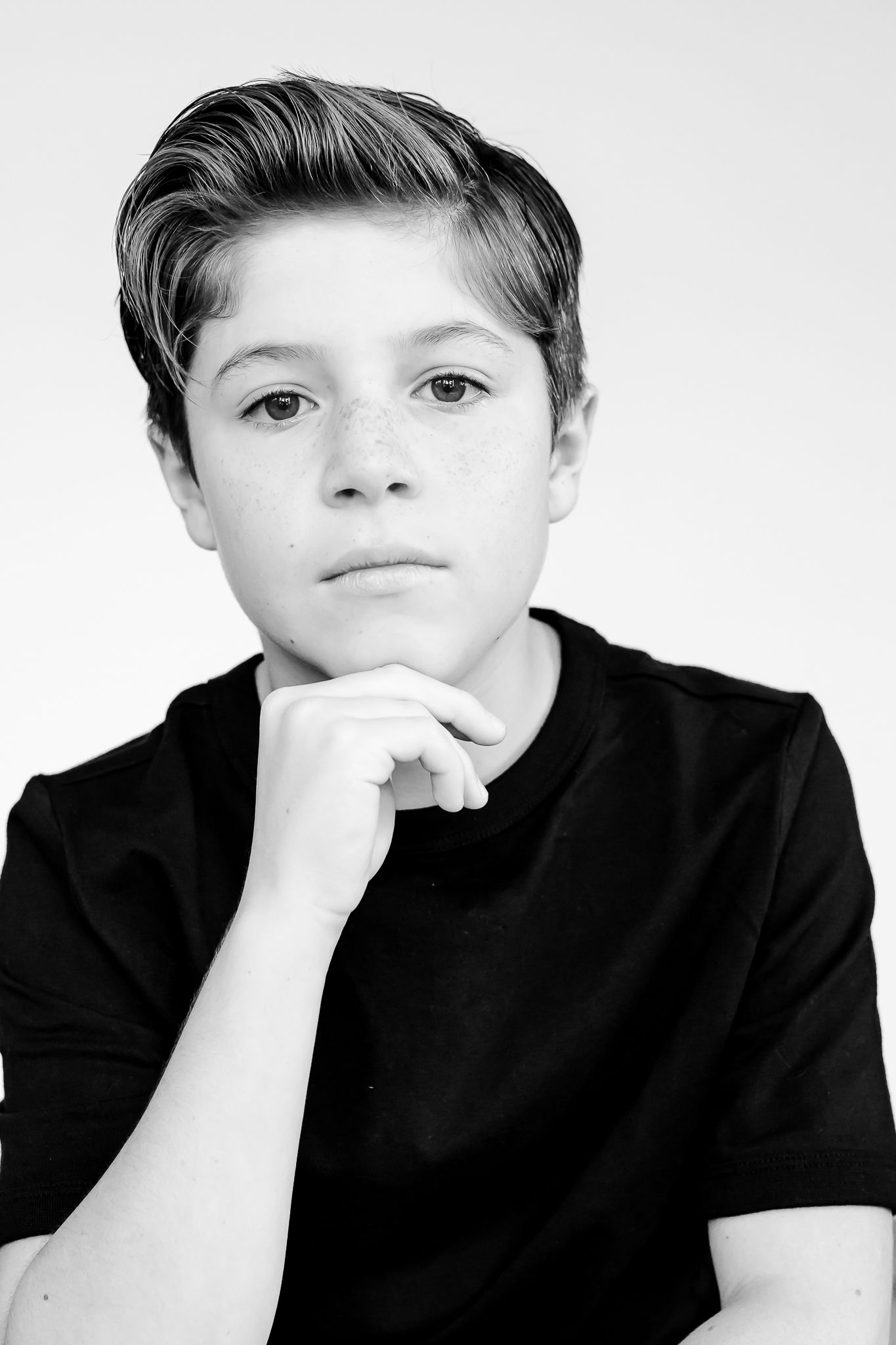 Black and White Kids Studio Portraits with thoughtful expressions in Glenview Illinois