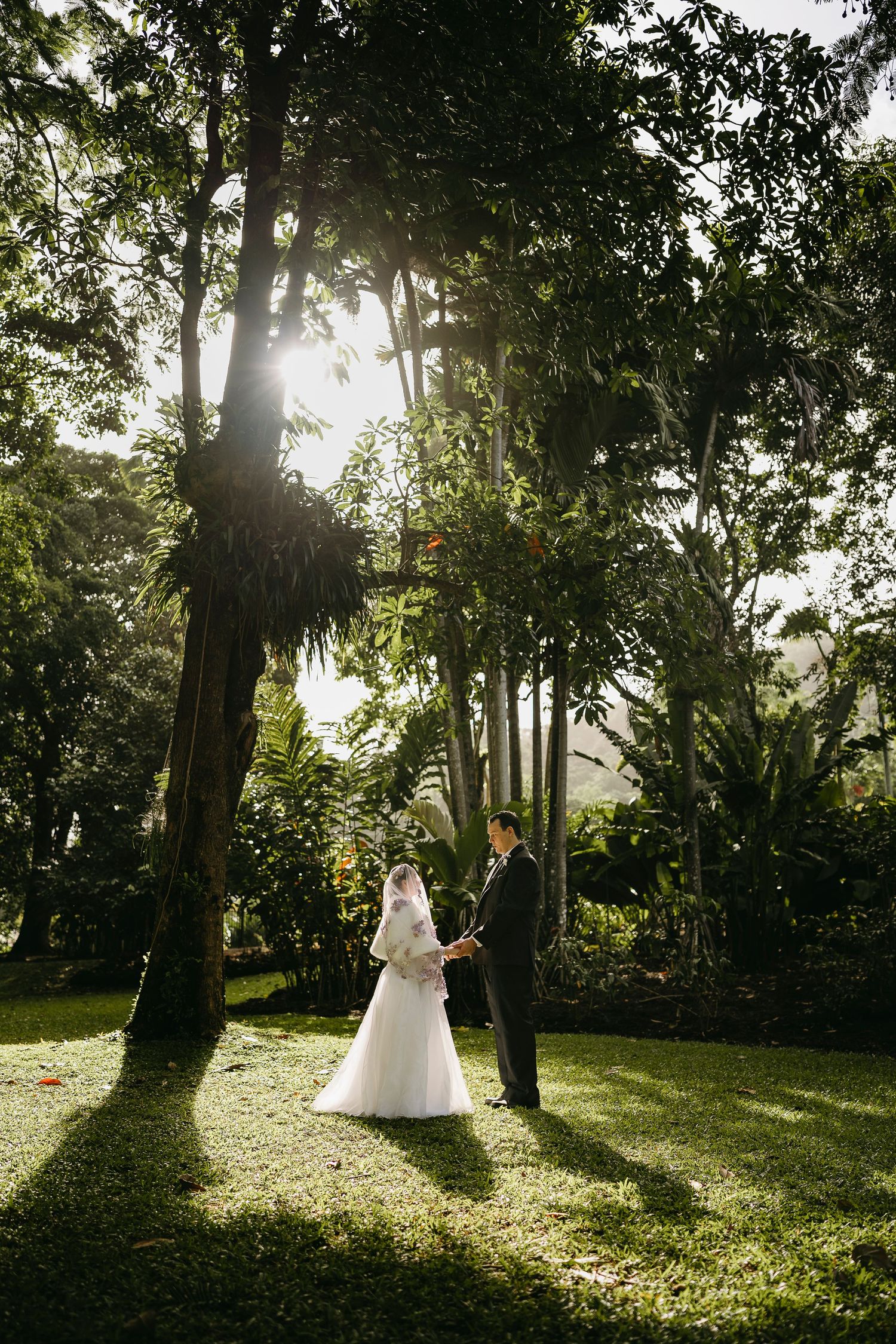 Bride and groom holding hands in a sunlit garden surrounded by tall tropical trees during an outdoor wedding ceremony.