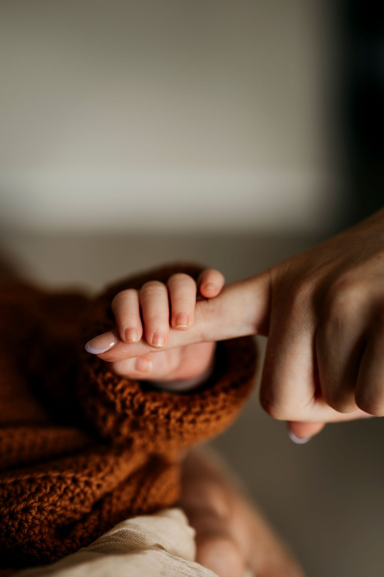 Close-up of a newborn baby grasping an adult finger wrapped in a brown knit blanket.