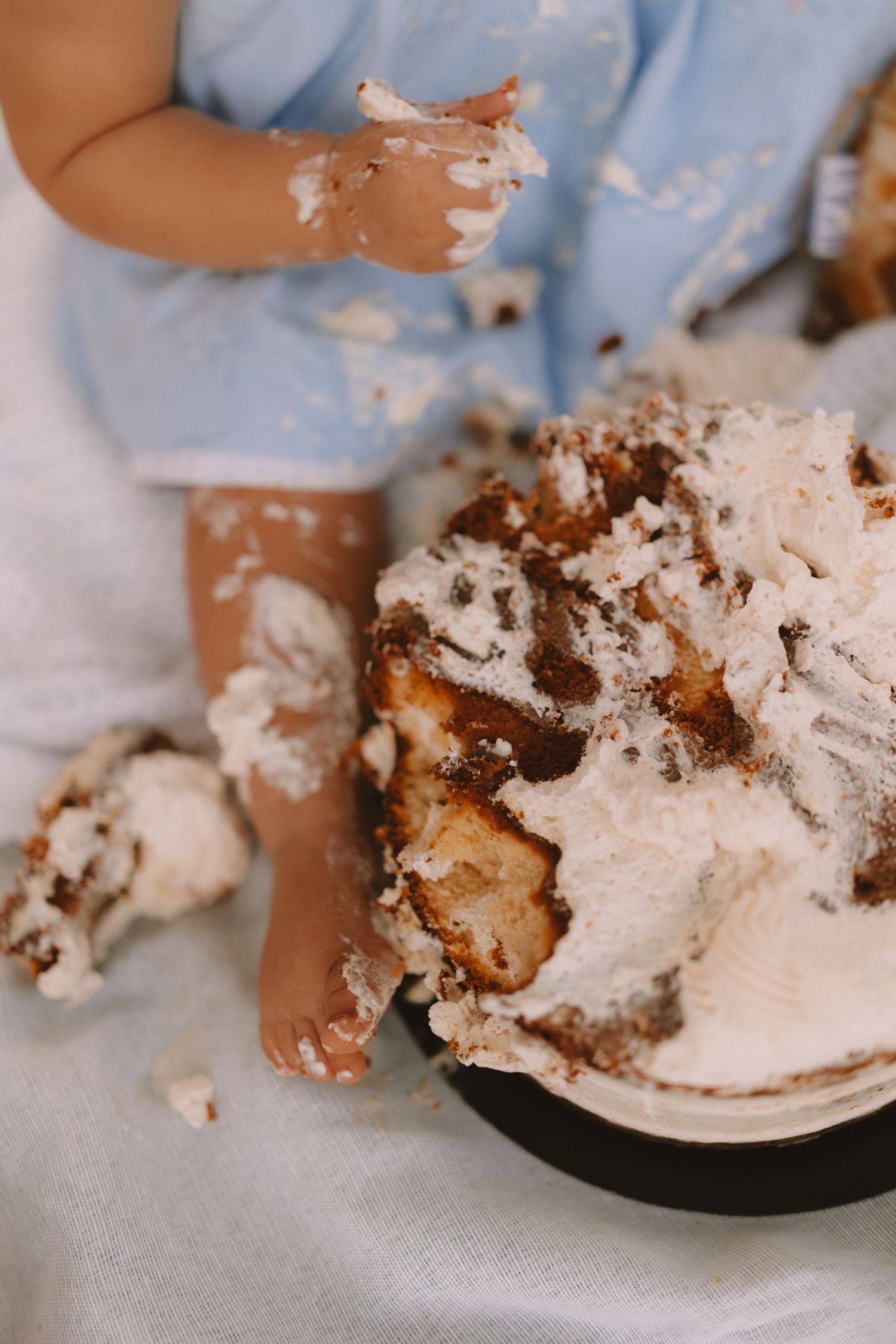 Close-up macro shot of crushed Oreo cookies being separated into pieces showing cream filling and chocolate wafers.