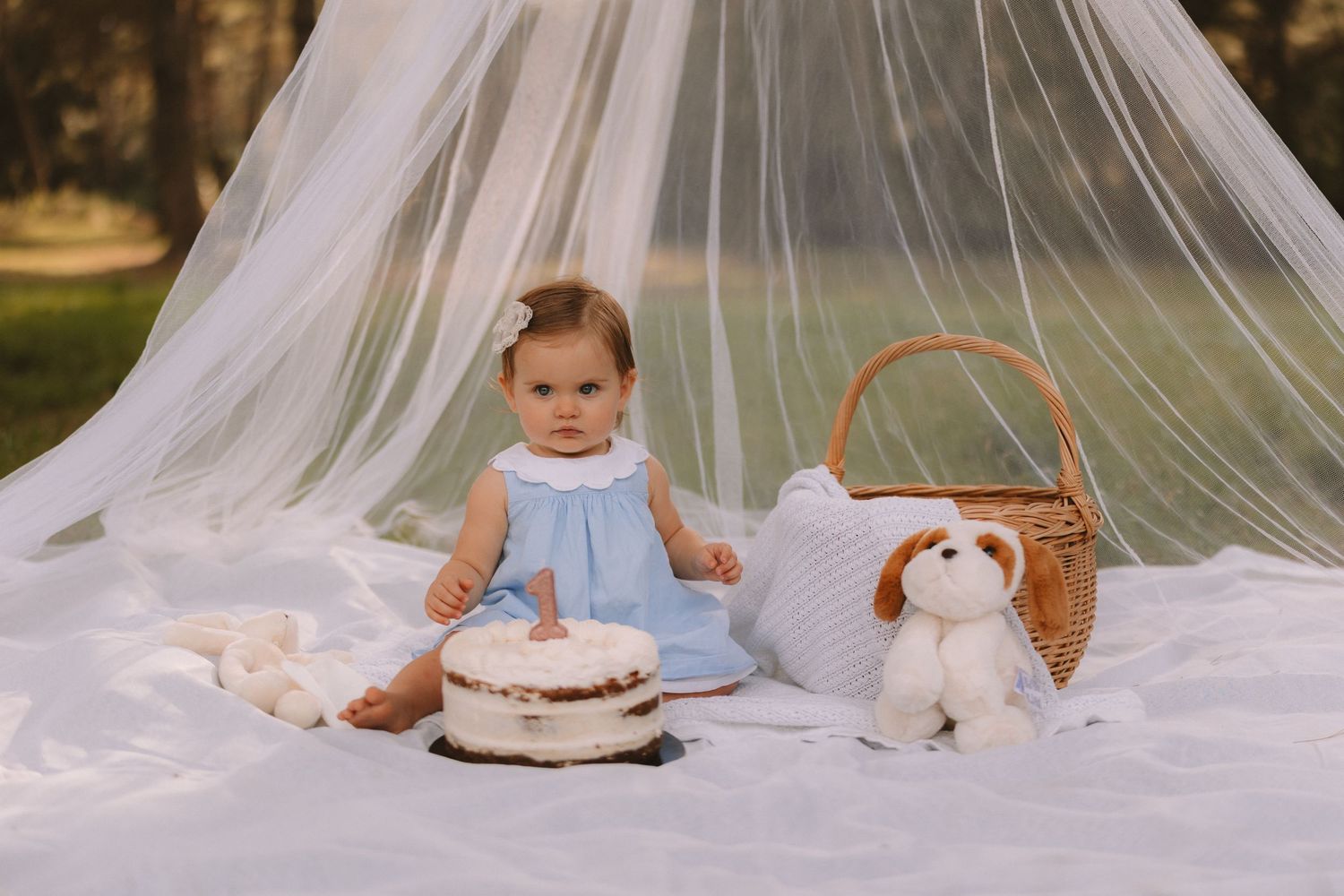 A series of dreamy outdoor baby portrait photos under flowing white tulle fabric creating an ethereal effect.