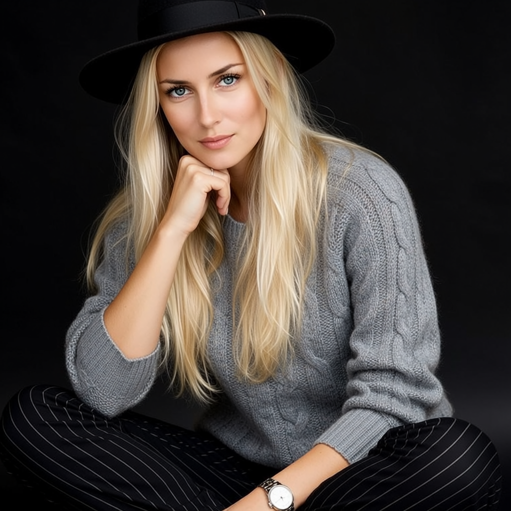 Professional studio portrait of a person in a gray sweater and striped skirt against a dark background. Flying Dress Photoshoot